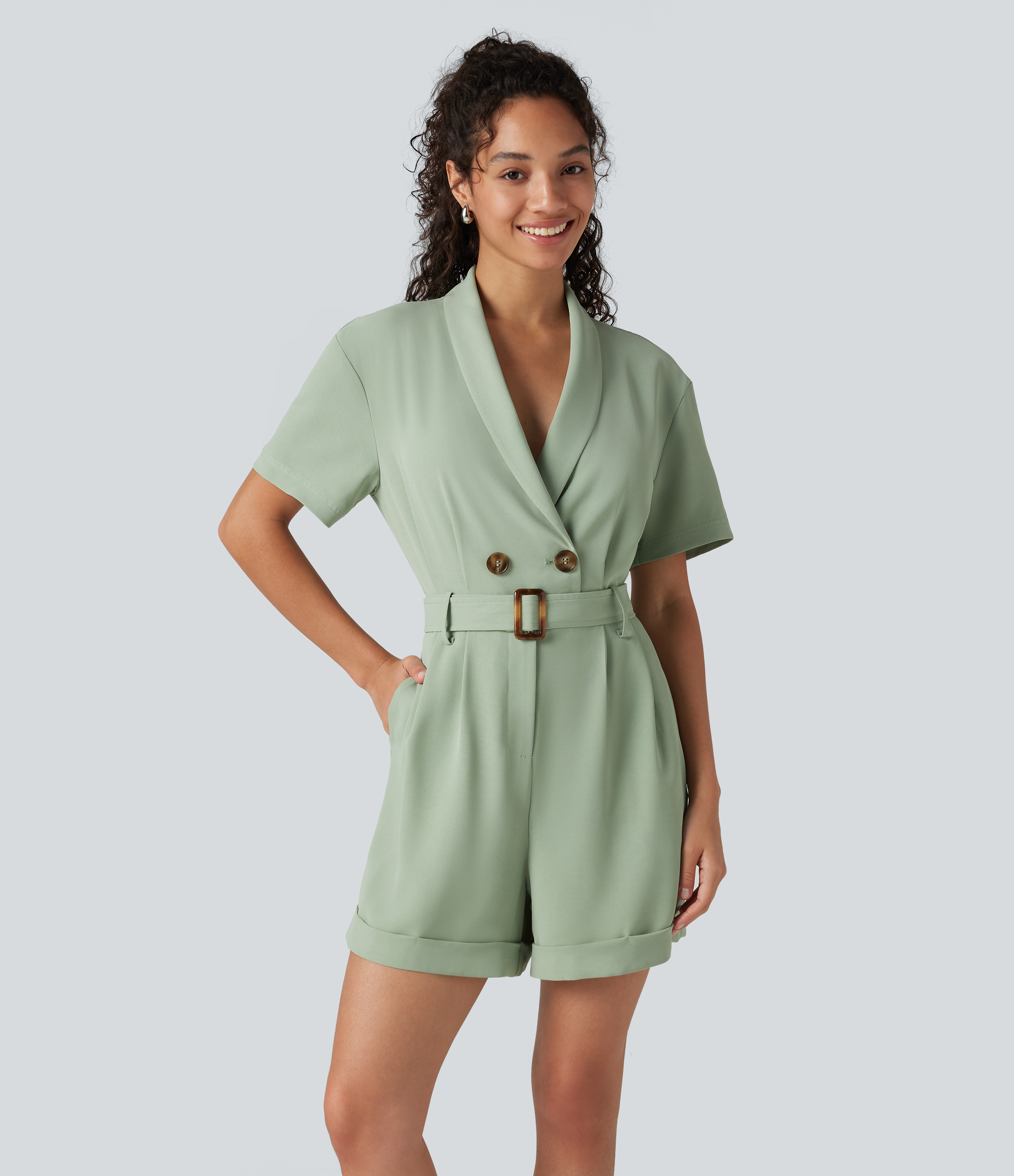 Shawl Collar Short Sleeve Belted Work Romper with Pockets