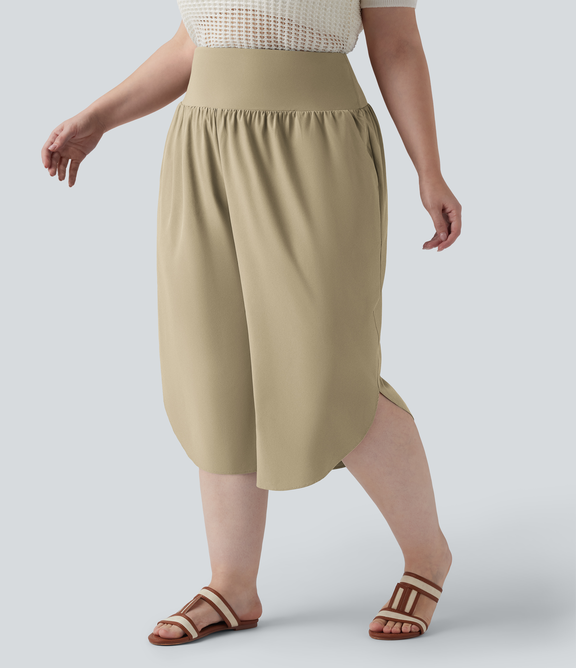 Breezeful™ High Waisted Tummy Control Curved Hem Quick Dry Resort Capri Plus Size Pants with Pockets