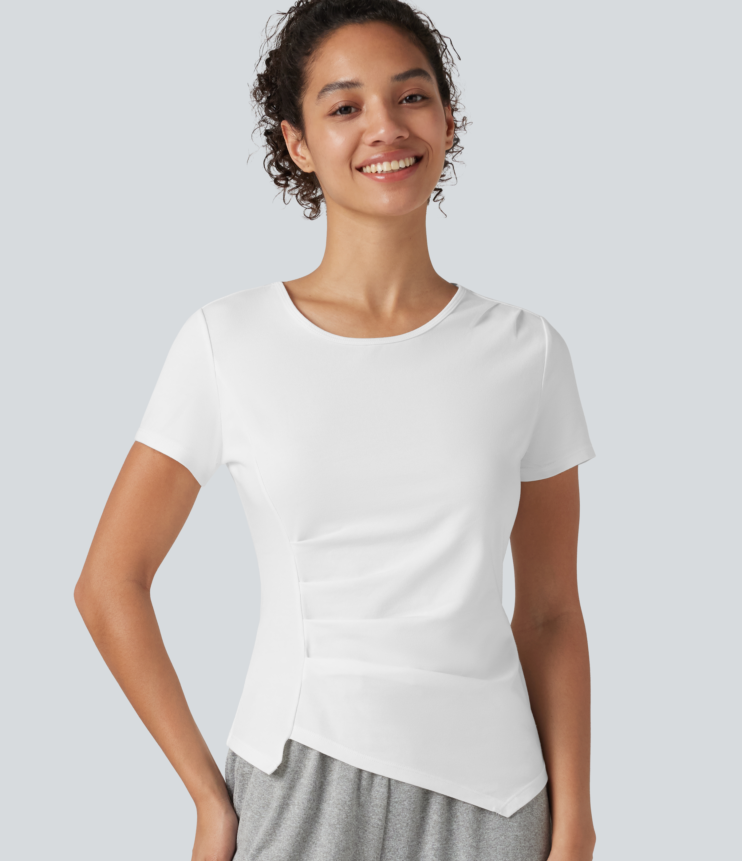 Round Neck Short Sleeve Ruched Asymmetric Hem Quick Dry Running Cotton Sports Top