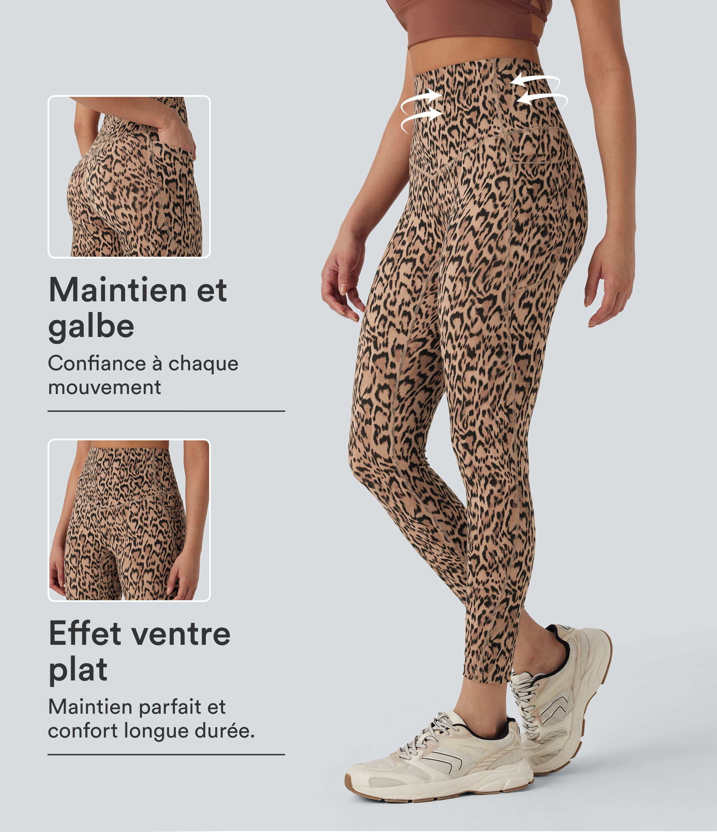 Tan Leopard Legging de yoga gainant taille haute imprimé léopard avec poches Halara UltraSculpt™ / 1