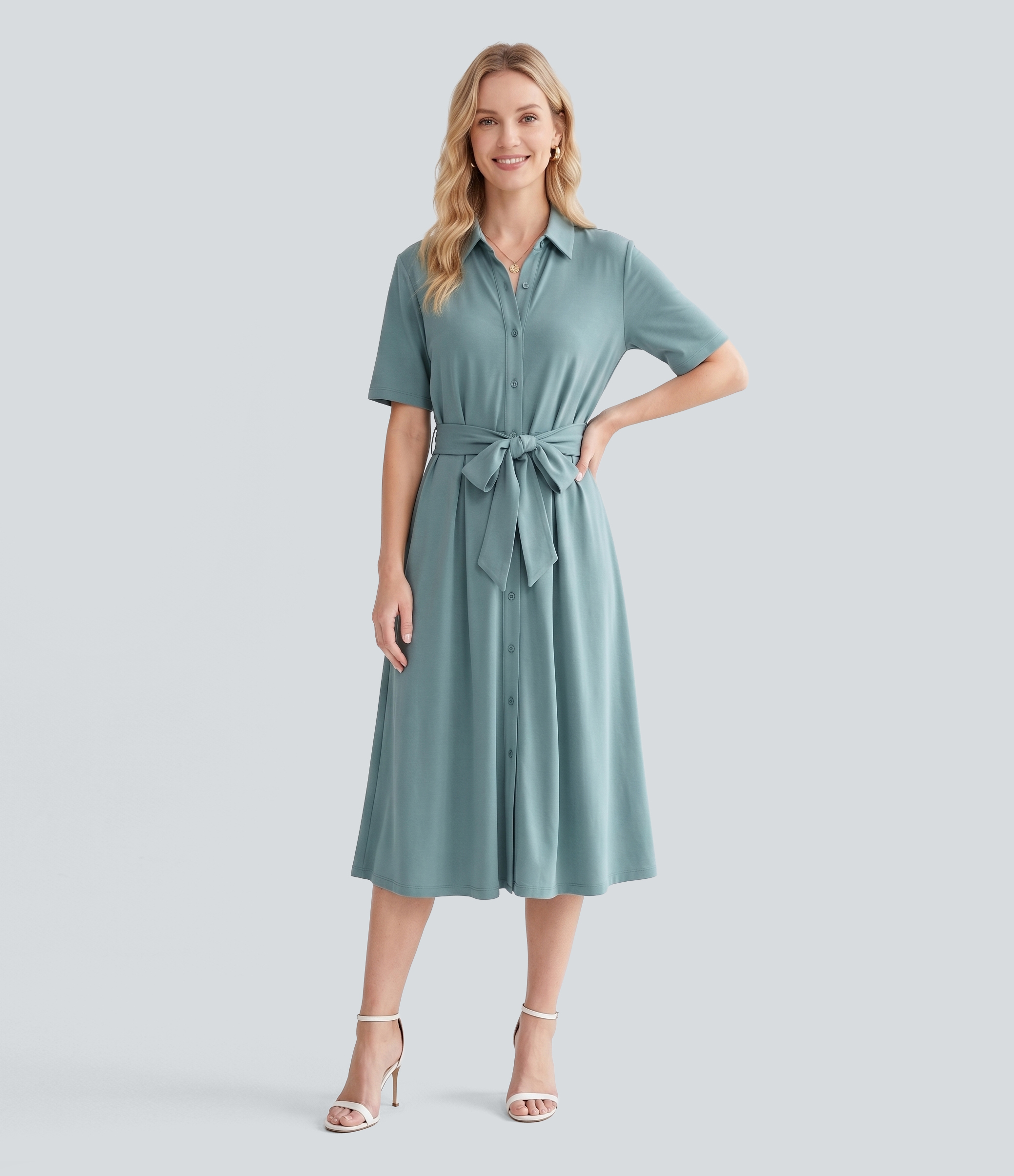 Breezeful™ - Hemd-Midikleid mit Kragen, kurzen Ärmeln und Gürtel - schnelltrocknend