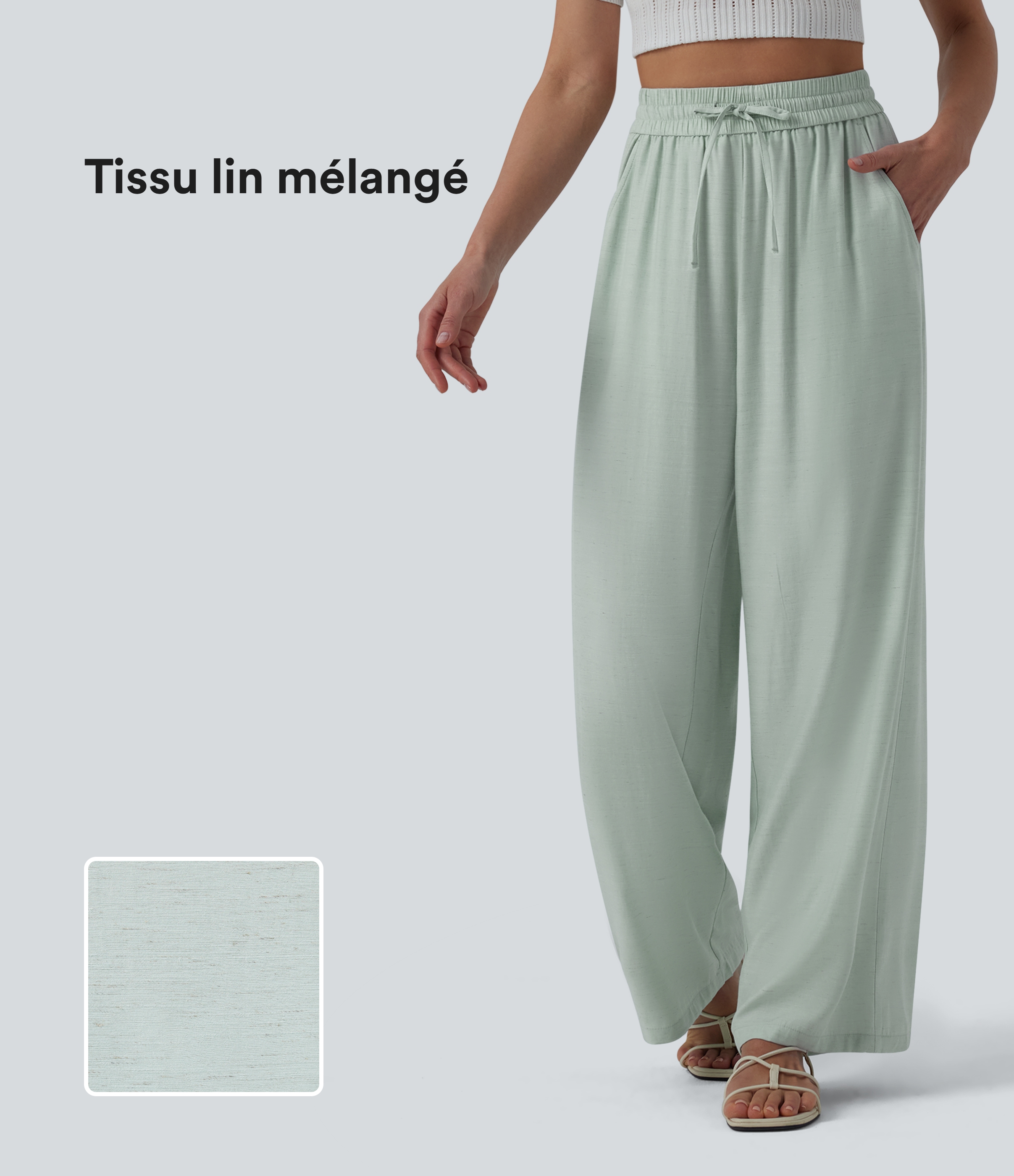 Pantalon casual large mélange lin taille haute avec cordon de serrage et poches