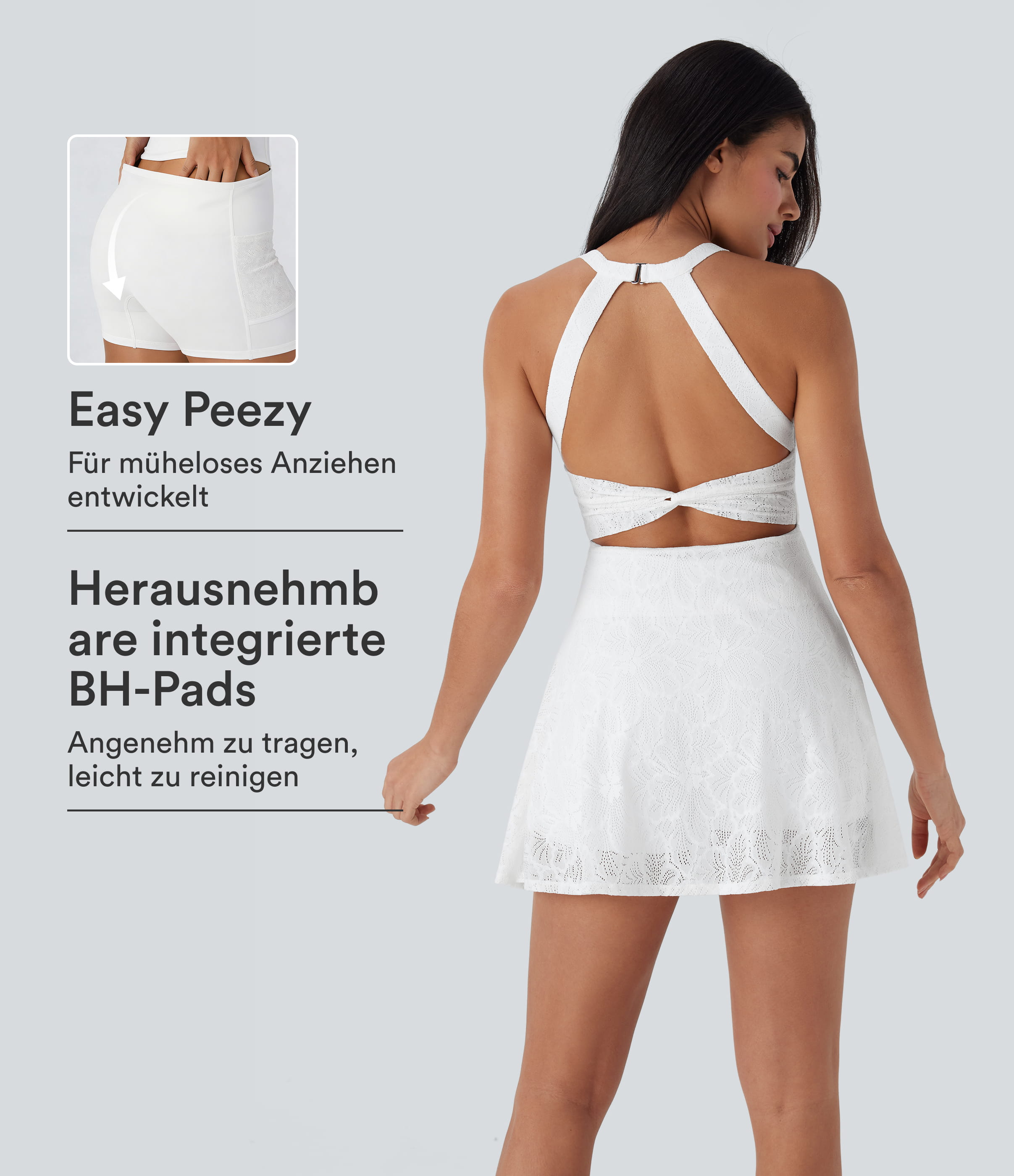 Gedrehtes, rückenfreies 2-in-1 Tanz-Minikleid aus Spitze mit Seitentaschen - Easy Peezy Edition