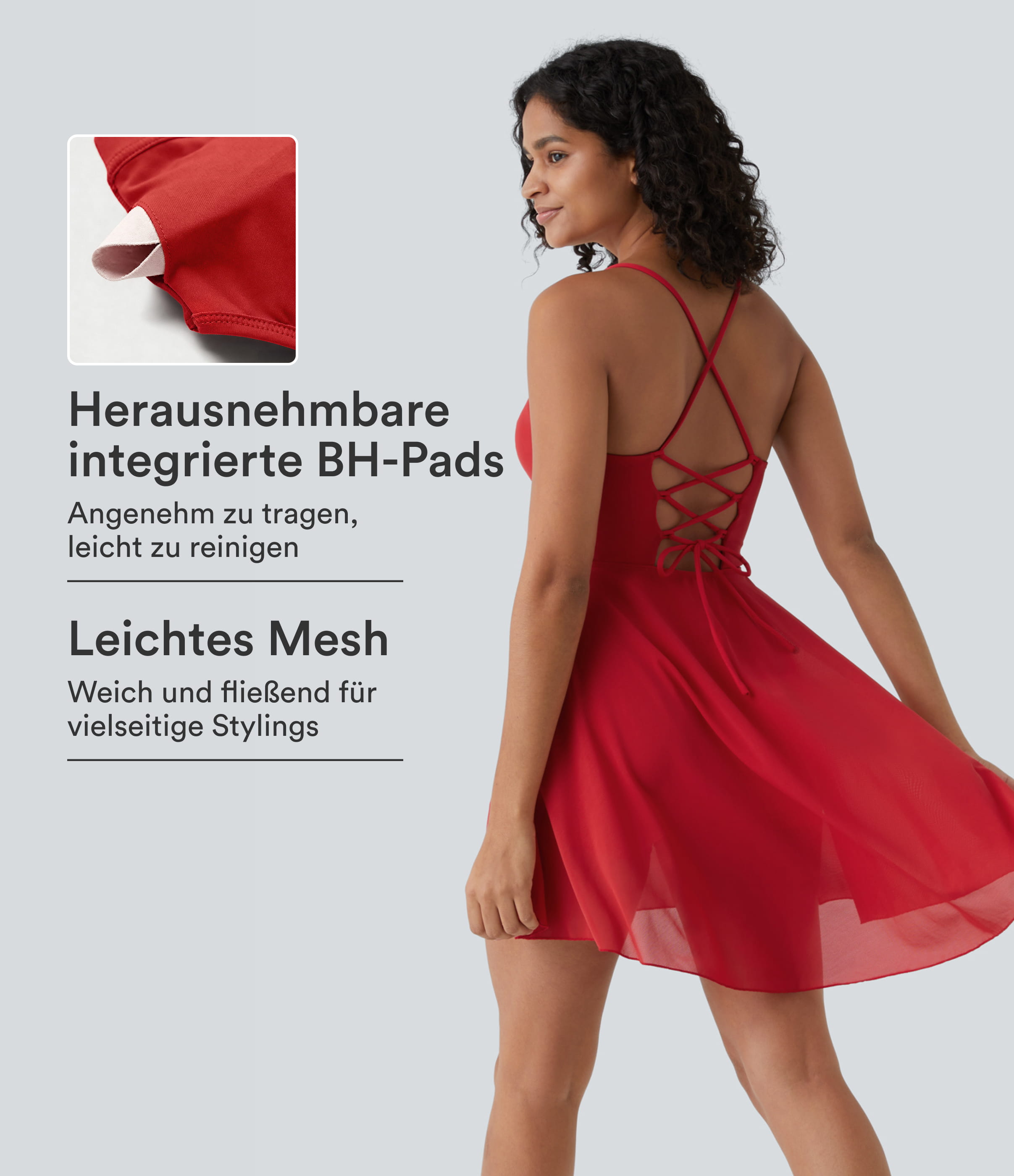 Fließendes 2-in-1 Mini-Tanzkleid mit Seitentaschen, High-Low-Design, kontrastierendem Mesh und Schnürung - A-D-Cups