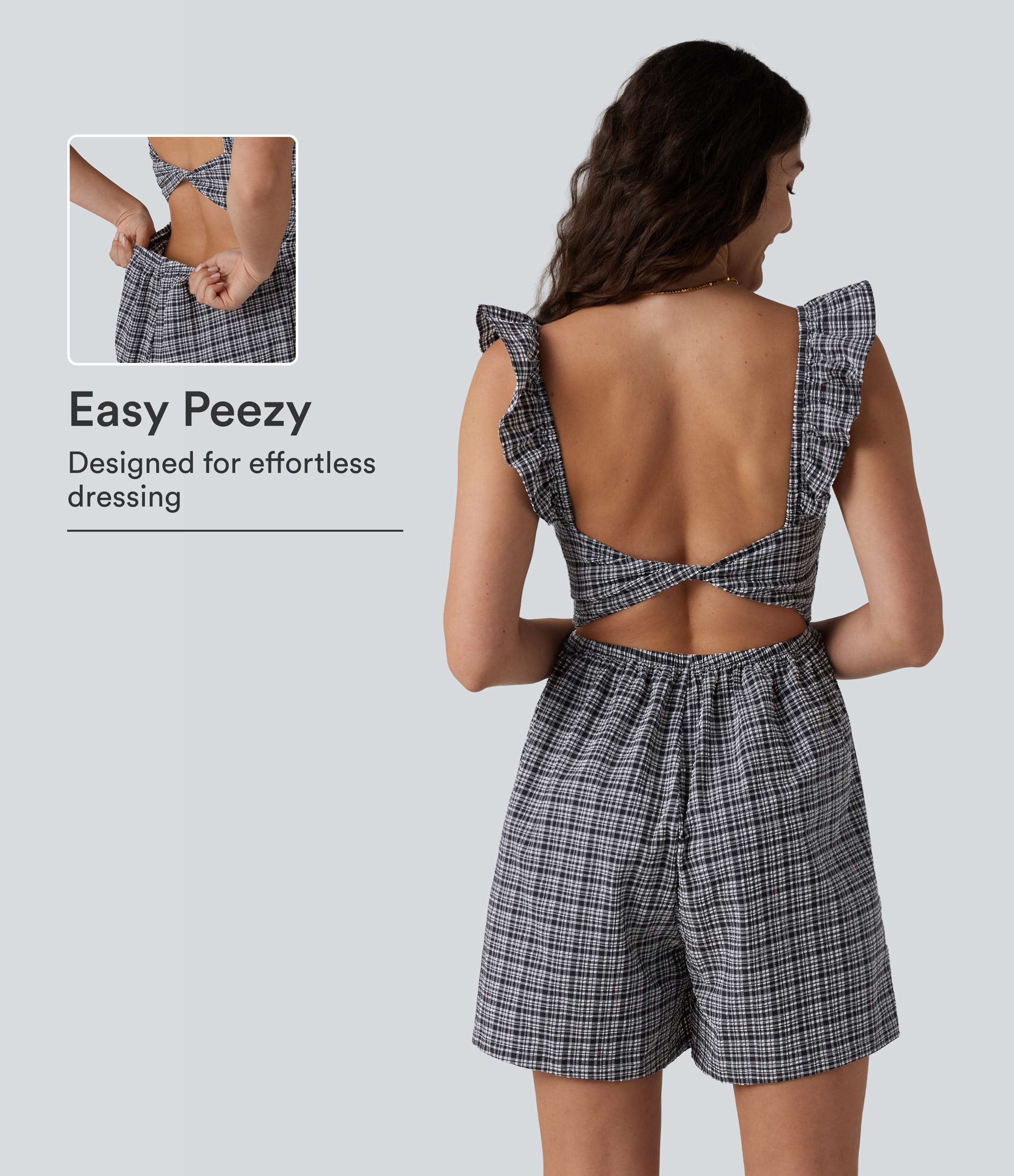 Twisted Backless Ruffle Plaid Crinkle Quick Dry Casual Romper with Pockets-Easy Peezy