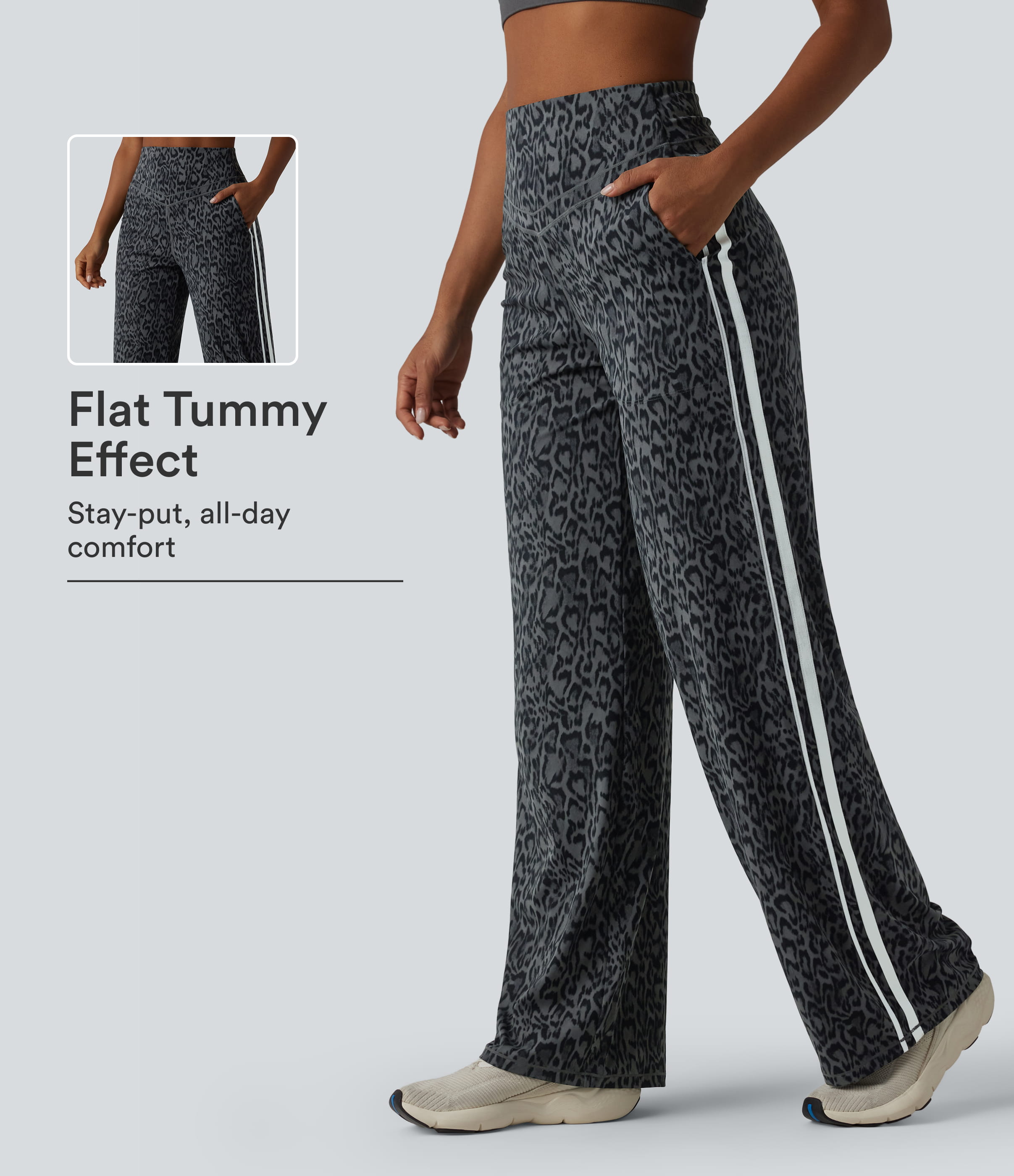 Halara UltraSculpt™ παντελόνι γιόγκα με λεοπάρδαλο μοτίβο, ψηλή μέση, σύστημα σύσφιξης στην κοιλιά, πλαϊνές ρίγες, ίσια γραμμή και τσέπες