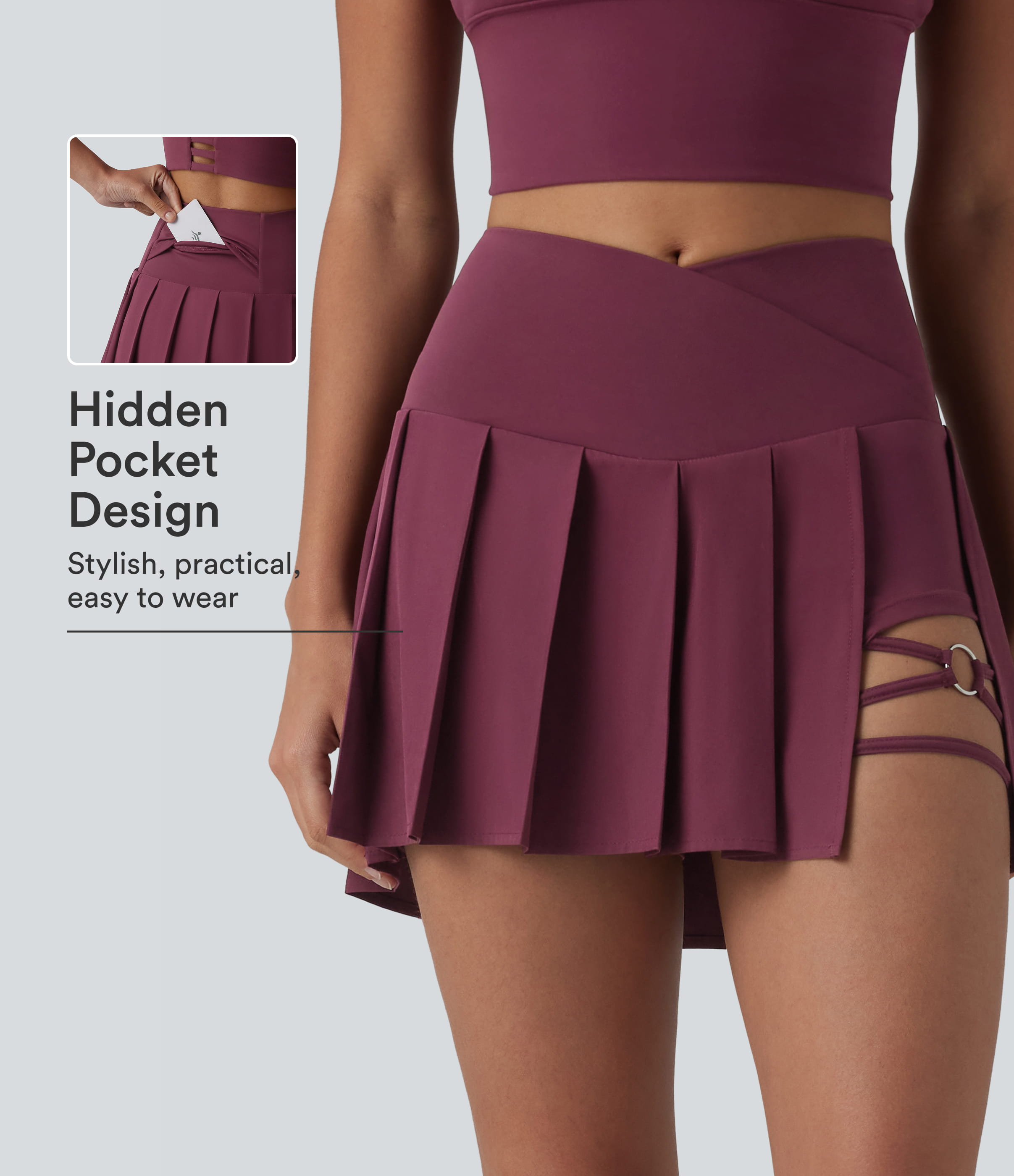 Breezeful™ Crossover High Waisted Pleated 2-in-1 Asymmetric Hem Quick Dry Mini Dance Skirt with Pockets