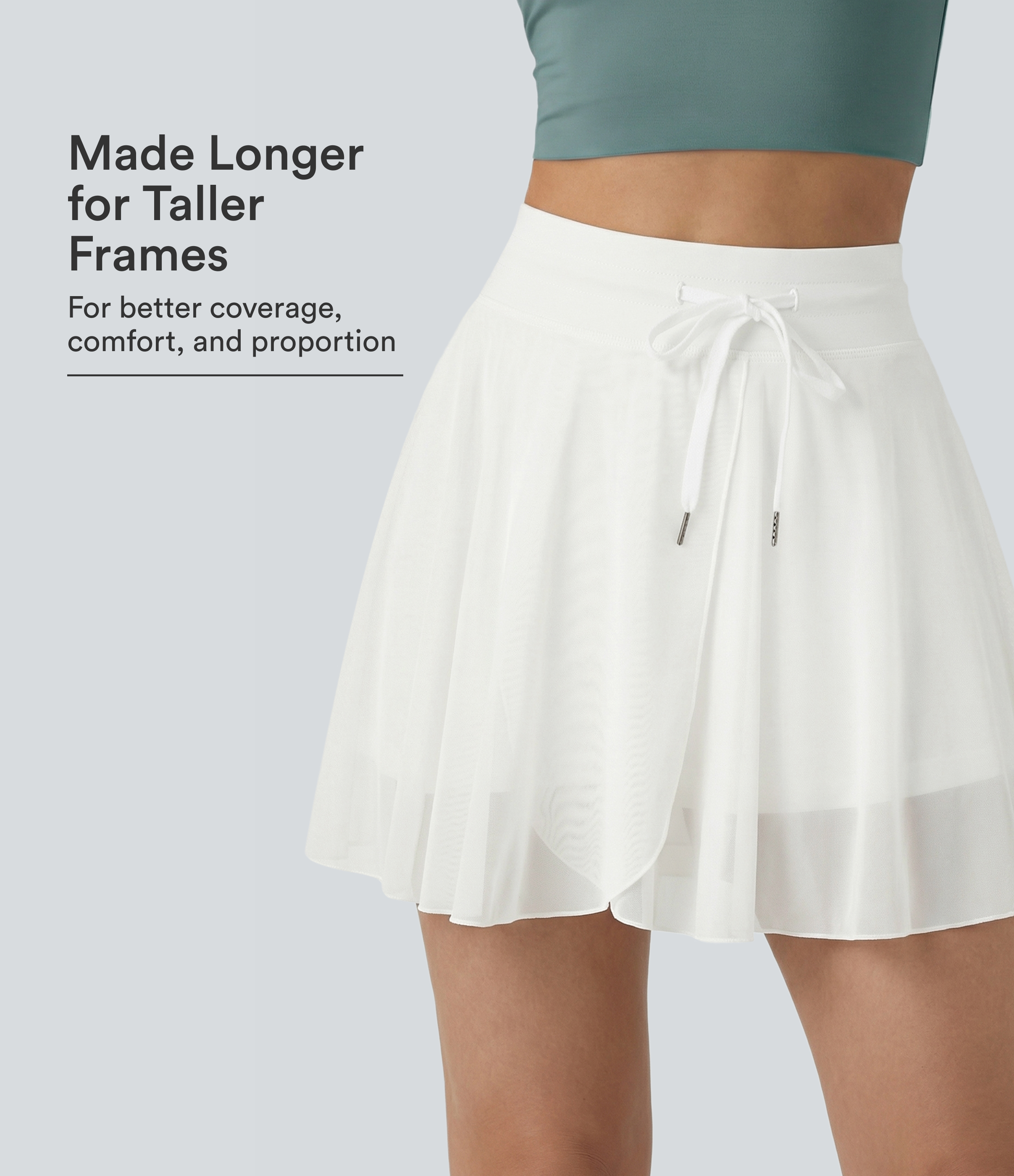 High Waisted Drawstring Contrast Mesh 2-in-1 Pocket Flowy Mini Flare Casual Skirt-Longer Length