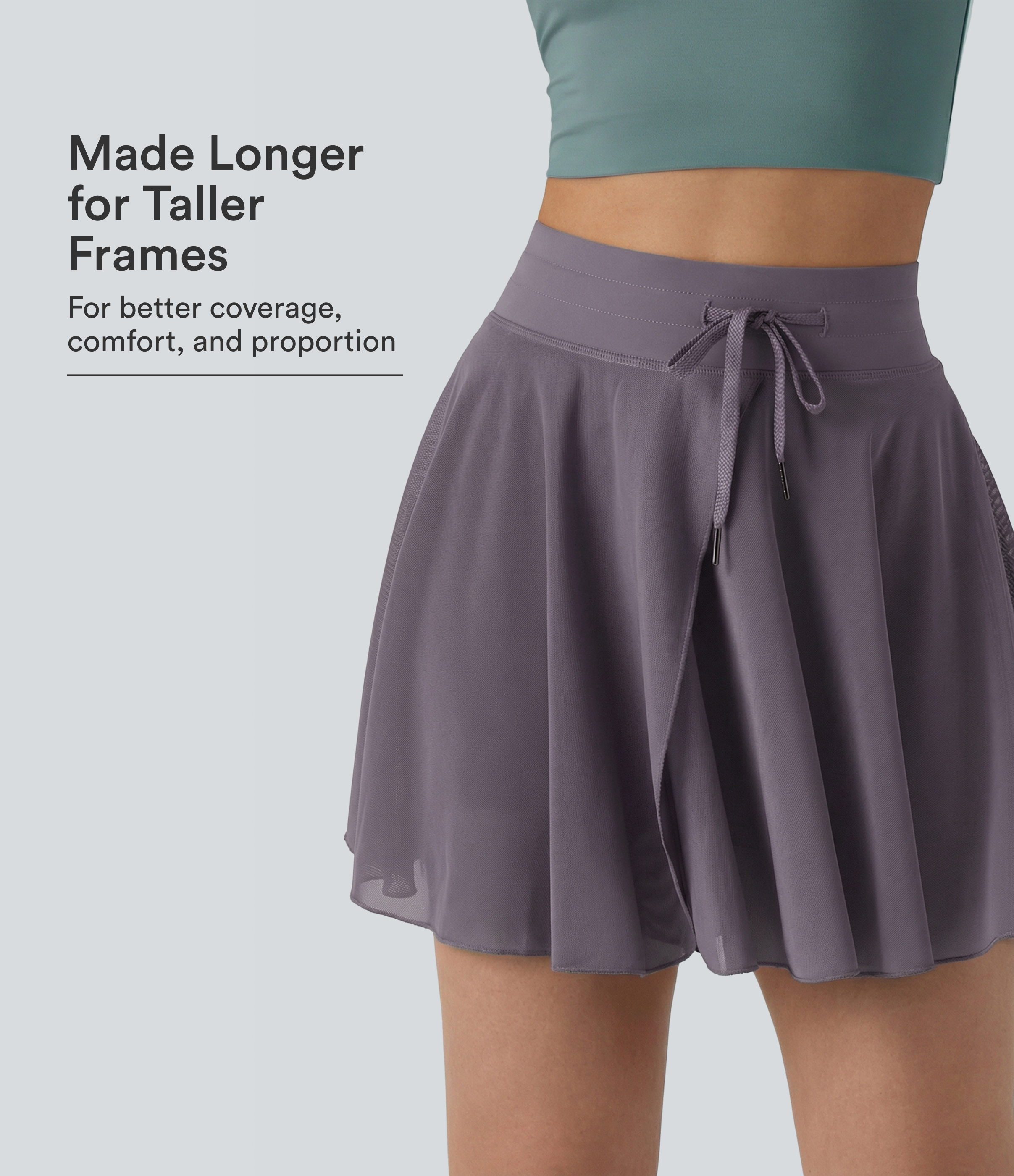 High Waisted Drawstring Contrast Mesh 2-in-1 Pocket Flowy Mini Flare Casual Skirt-Longer Length