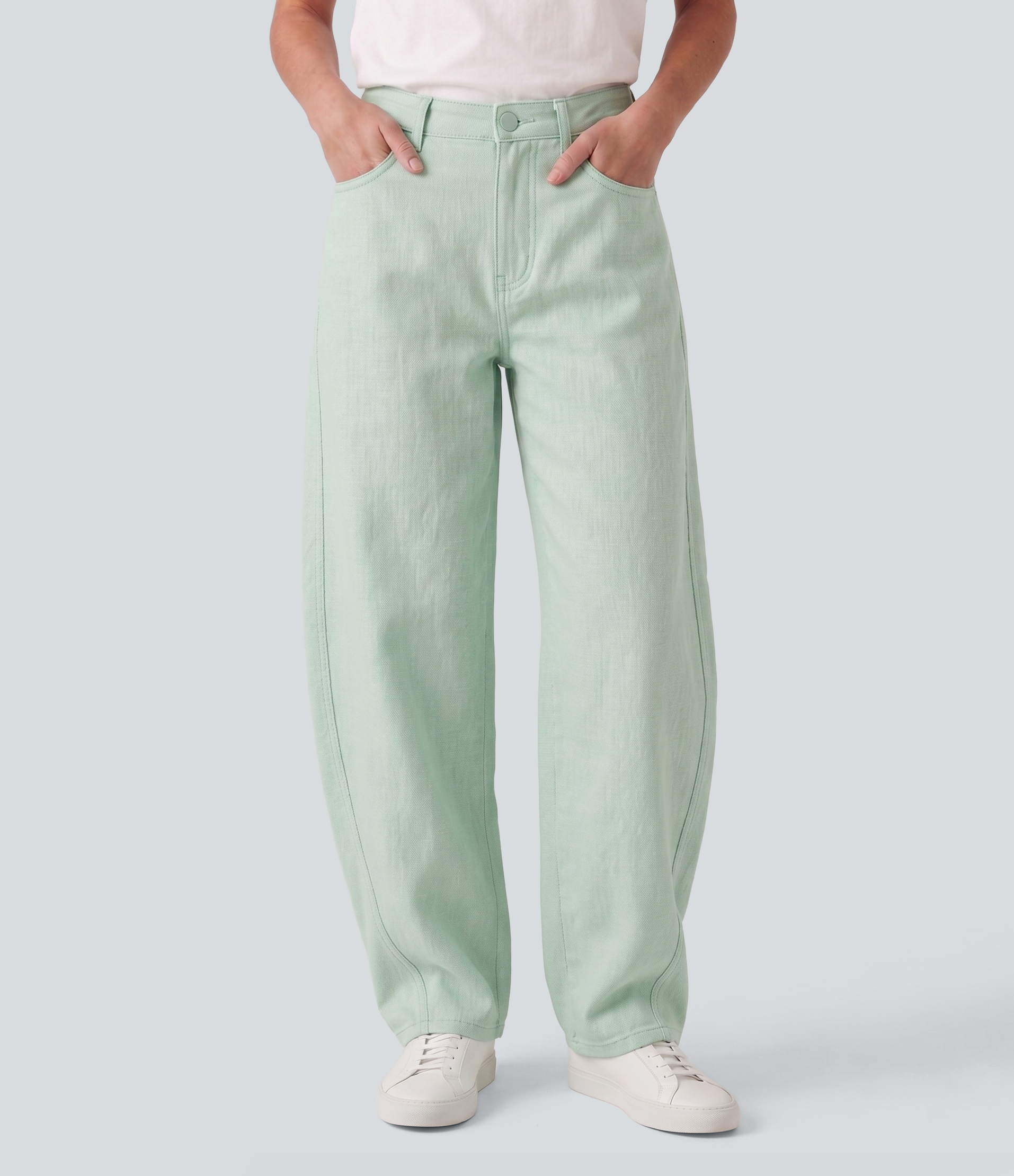 Pantalon casual barrel en coton et lin taille mi-haute avec poches