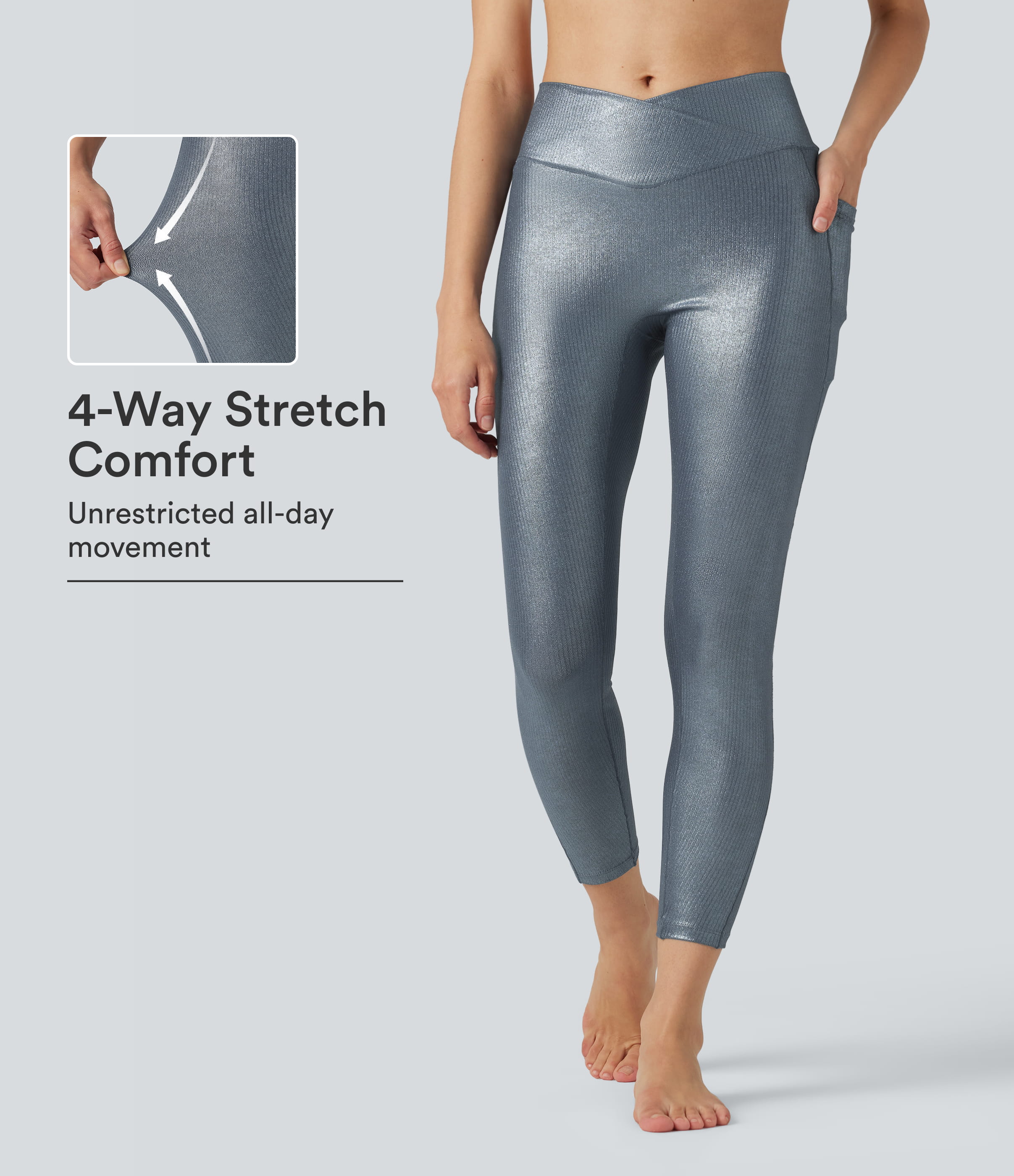 Ribbed Knit High Waisted Crossover Foil Print Yoga Leggings with Pockets