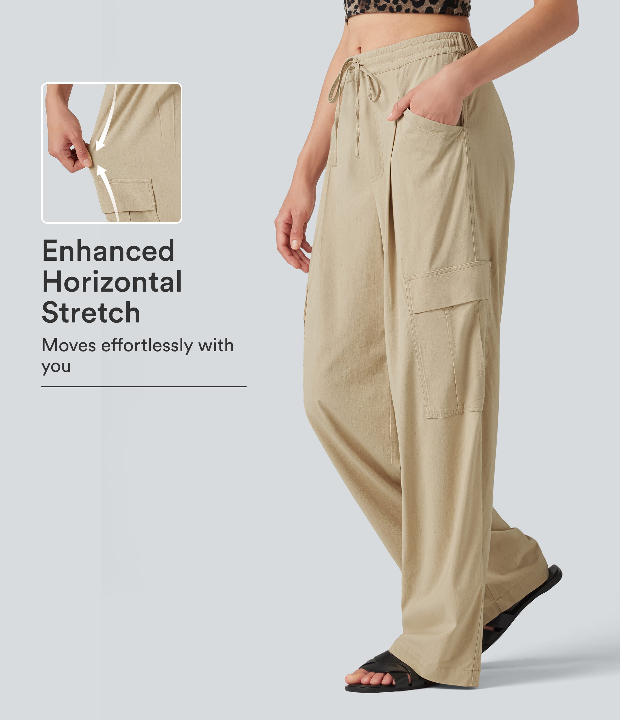 Cargo παντελόνι από ελαστικό λινό, με μεσαία μέση, κορδόνι στη μέση, ίσια γραμμή και τσέπες