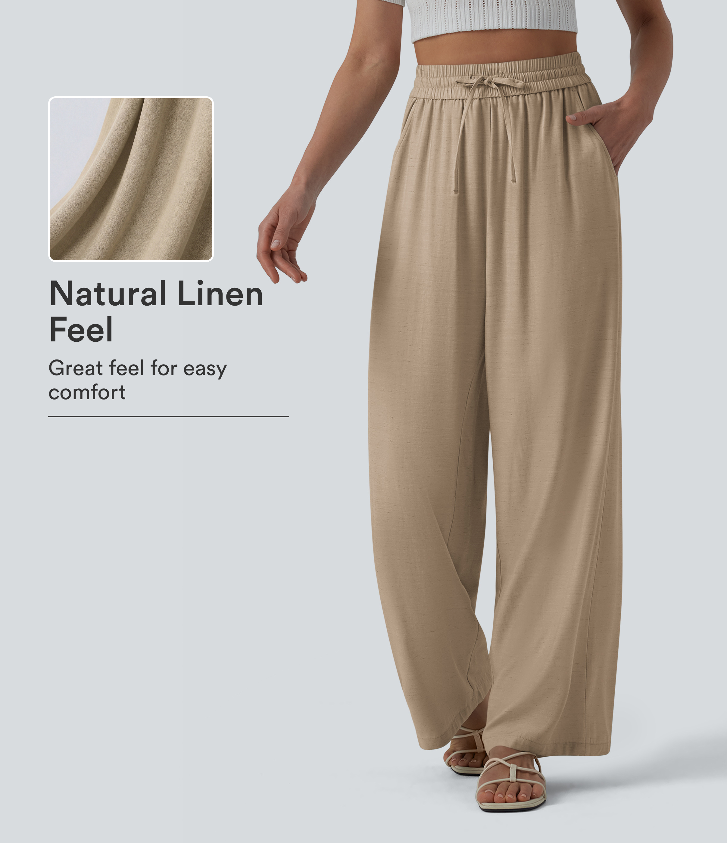 High Waisted Drawstring Wide Leg Casual Linen-Blend Pants with Pockets
