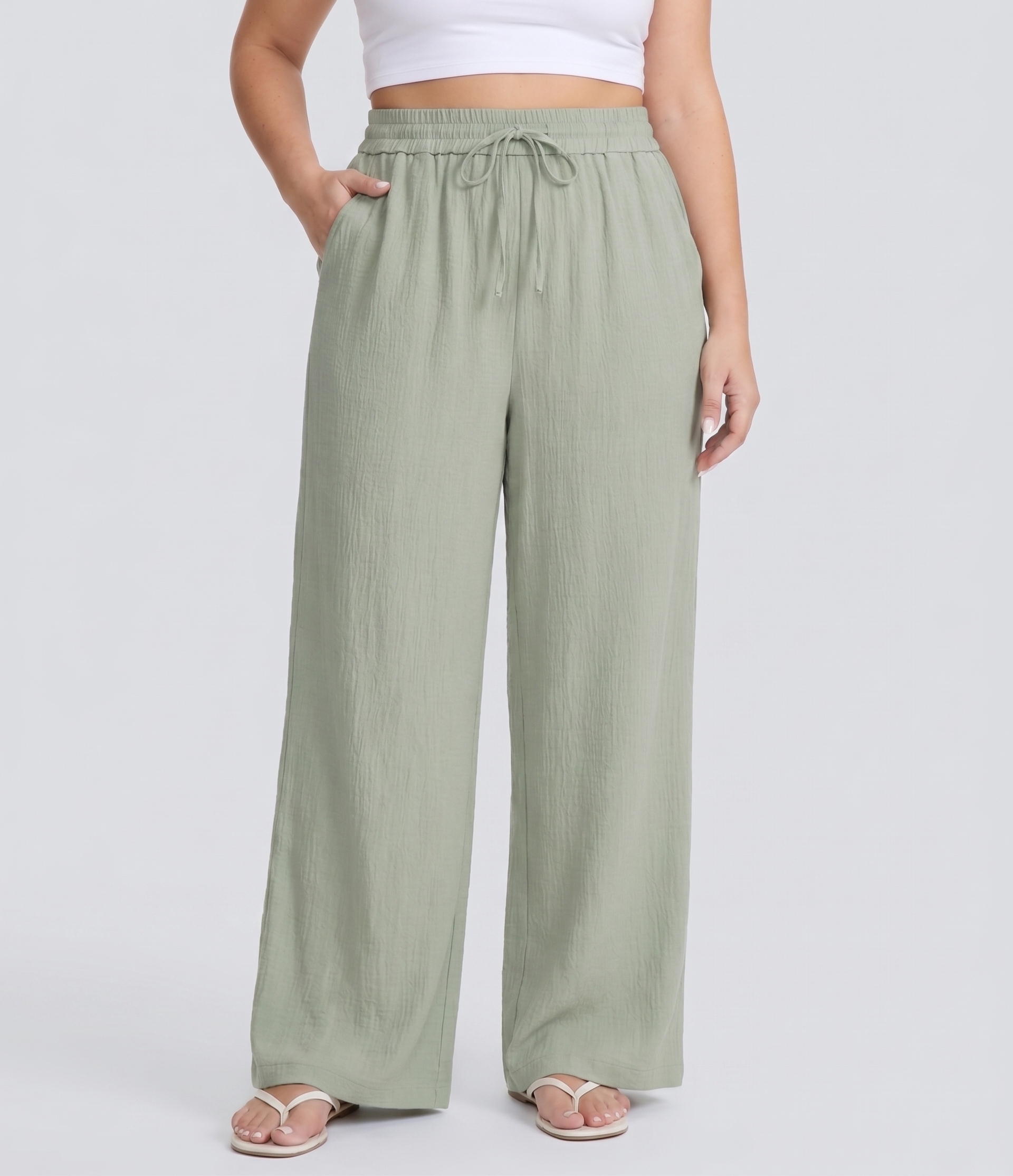 High Waisted Drawstring Linen-Feel Wide Leg Casual Plus Size Pants with Pockets