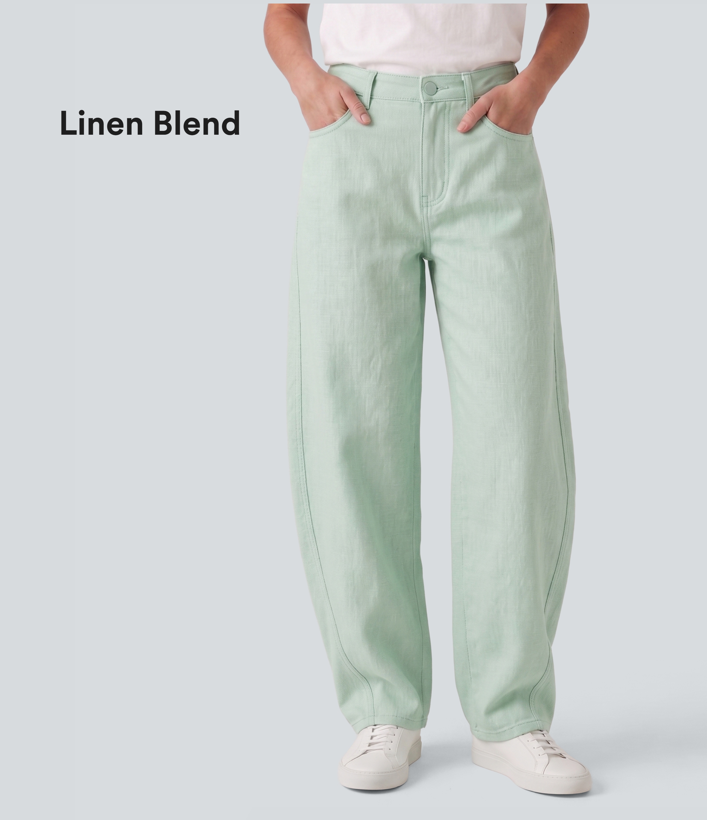 Lässige Leinenhose aus Baumwolle mit mittelhohem Bund, mehreren Taschen und Barrel-Leg