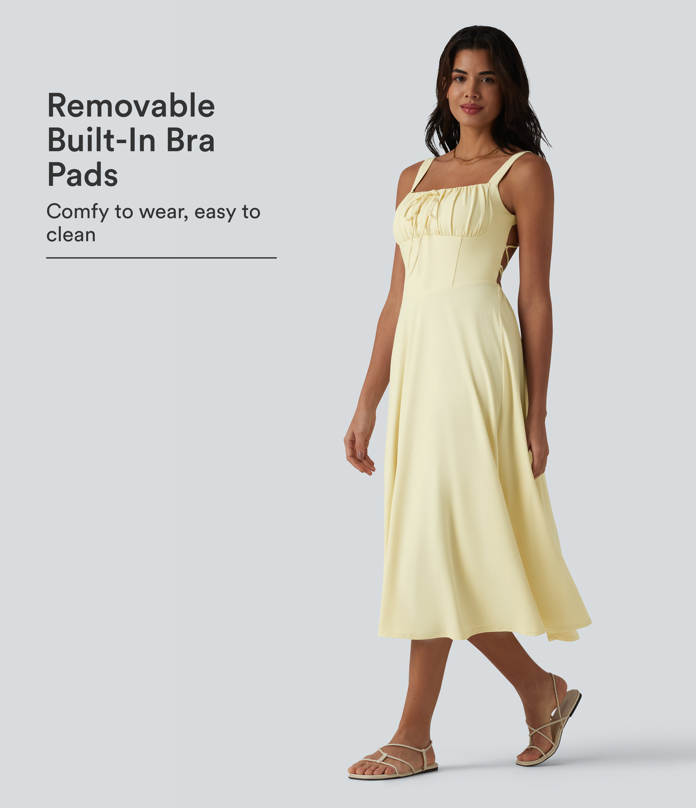 Crisscross Backless Square Neck Sleeveless Ruched Built-in Bra Midi Resort Flowy Dress
