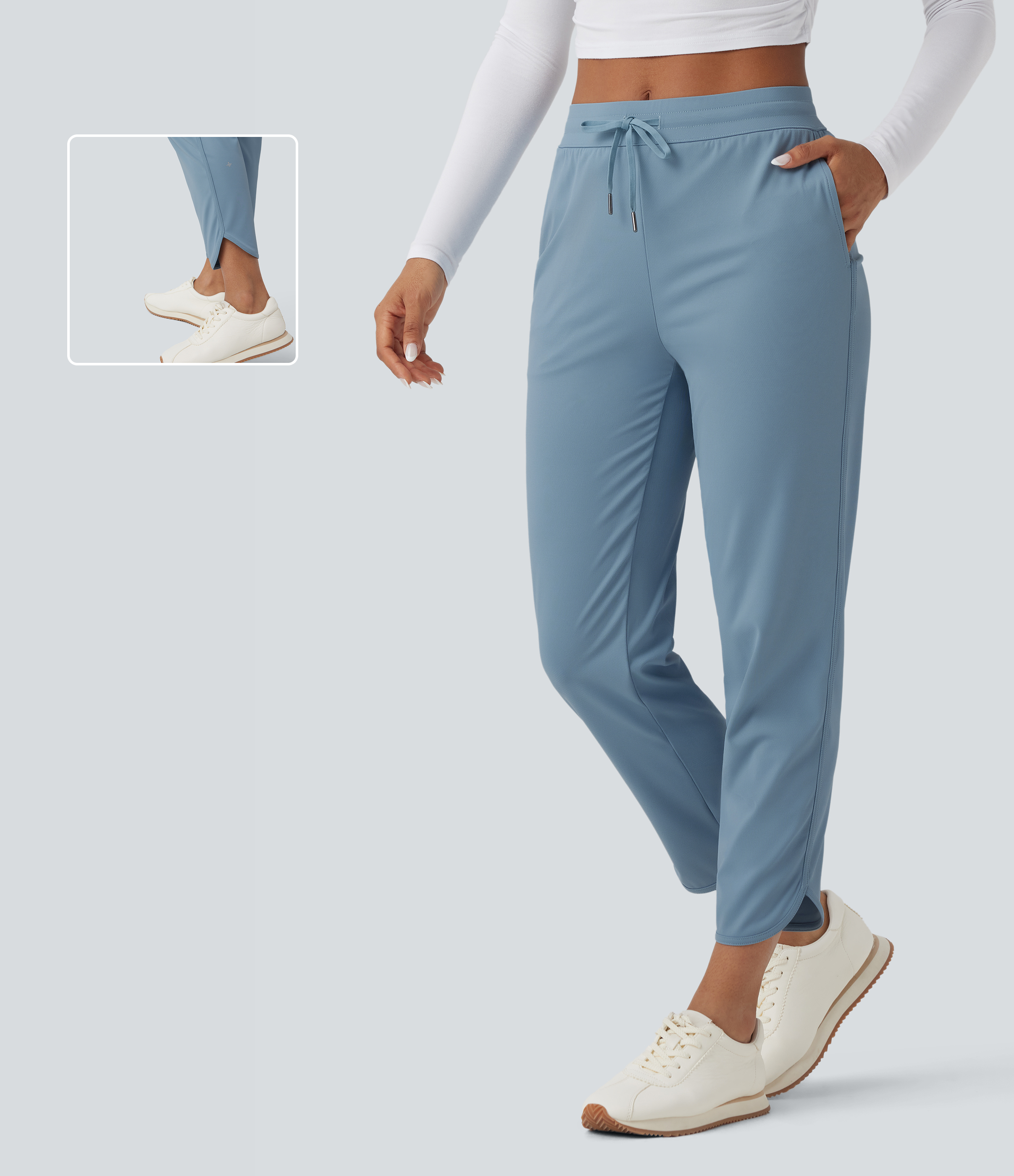 Mid Rise Drawstring Curved Hem Quick Dry Golf Tapered Pants with Pockets-UPF40+