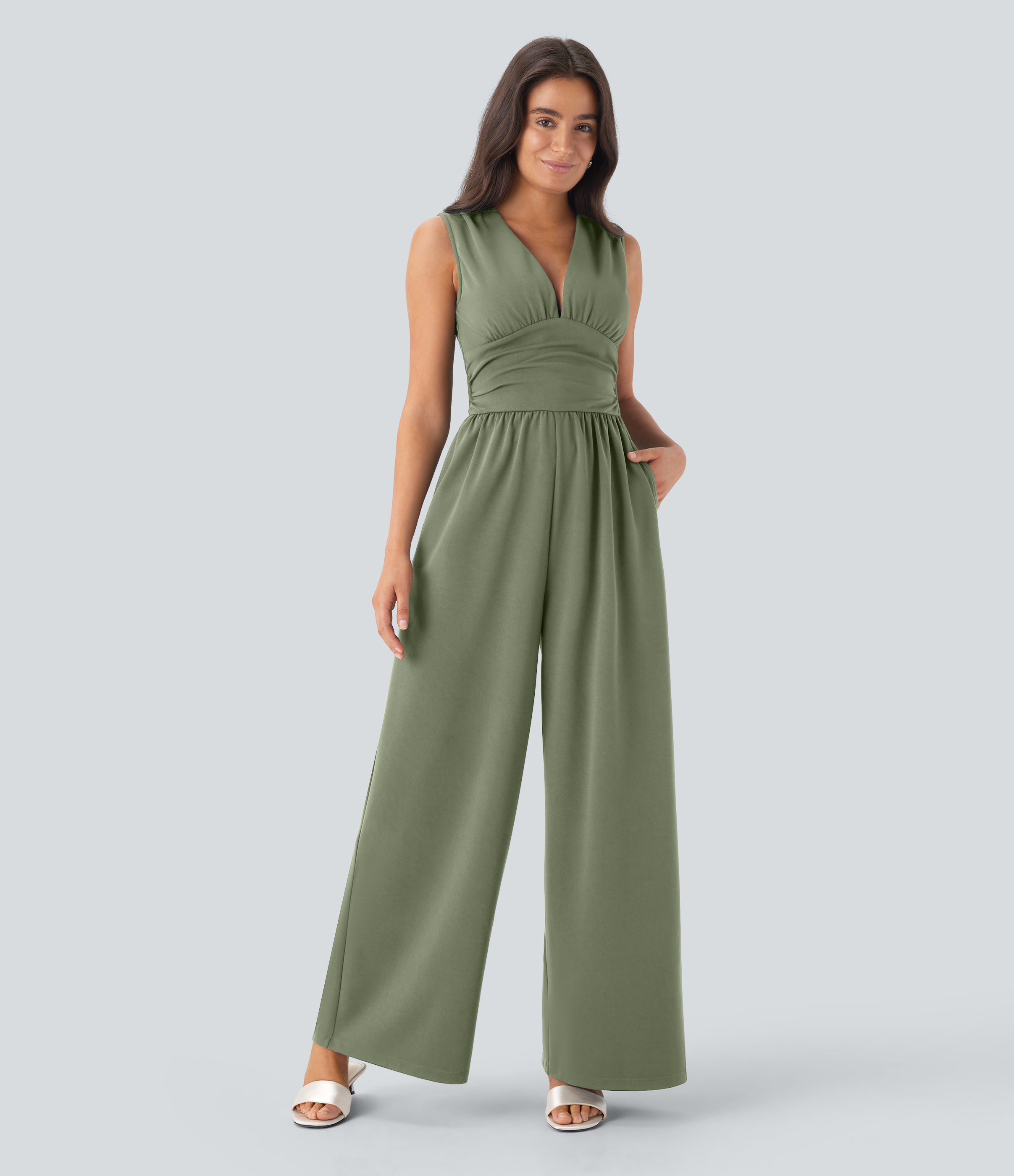V Neck Sleeveless Ruched Pocket Jumpsuit-Easy Peezy