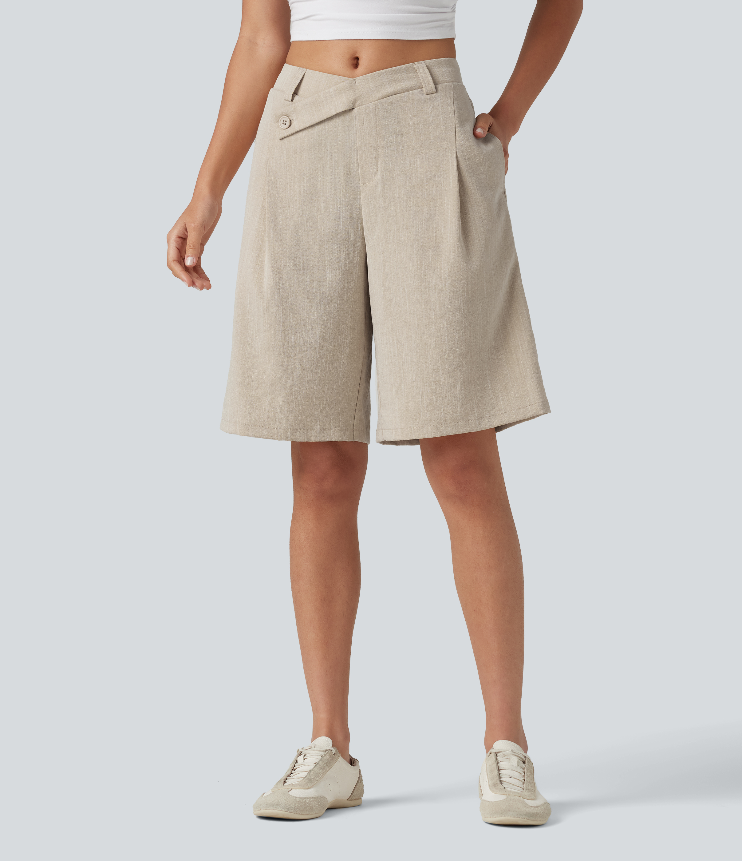 Asymmetric Mid Rise Work Linen-Feel Bermuda Shorts 10'' with Pockets