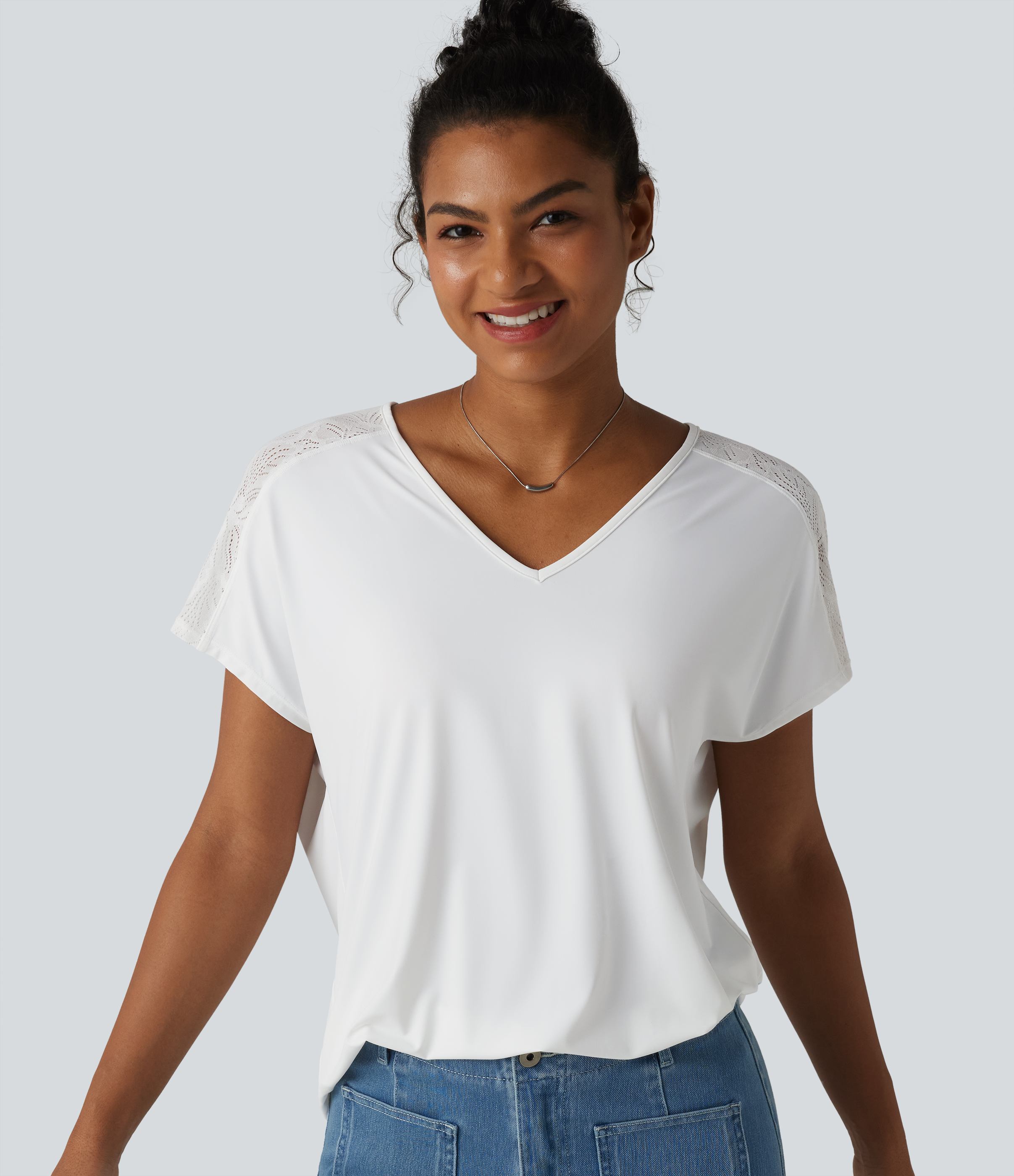 V-neck Batwing Short Sleeve Contrast Lace Cool Touch Quick Dry Casual Top-UPF50+