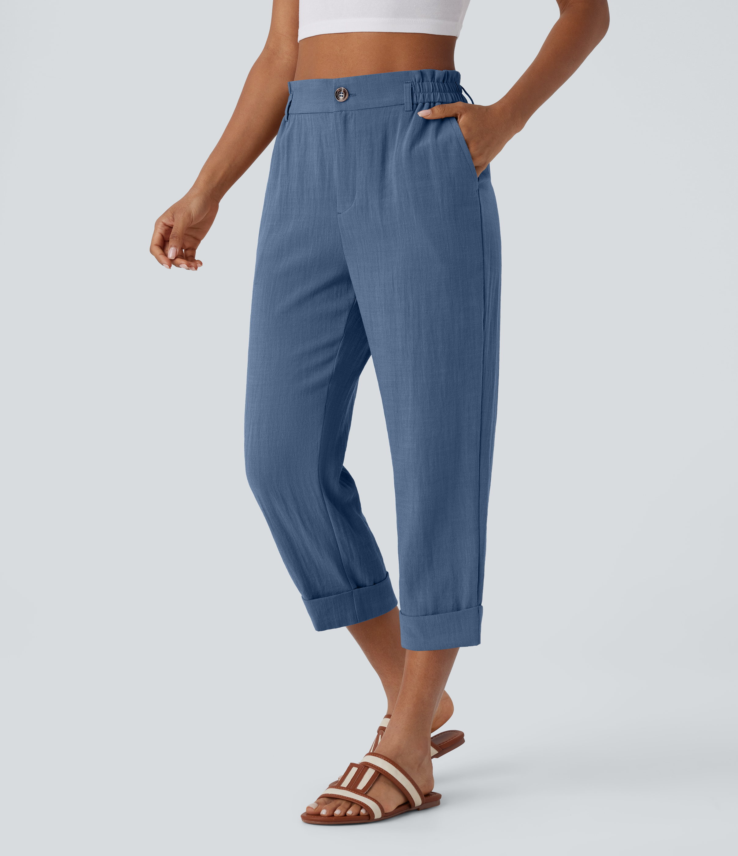 Pantalon Capri en Lin avec Poches Zippées et Taille Haute