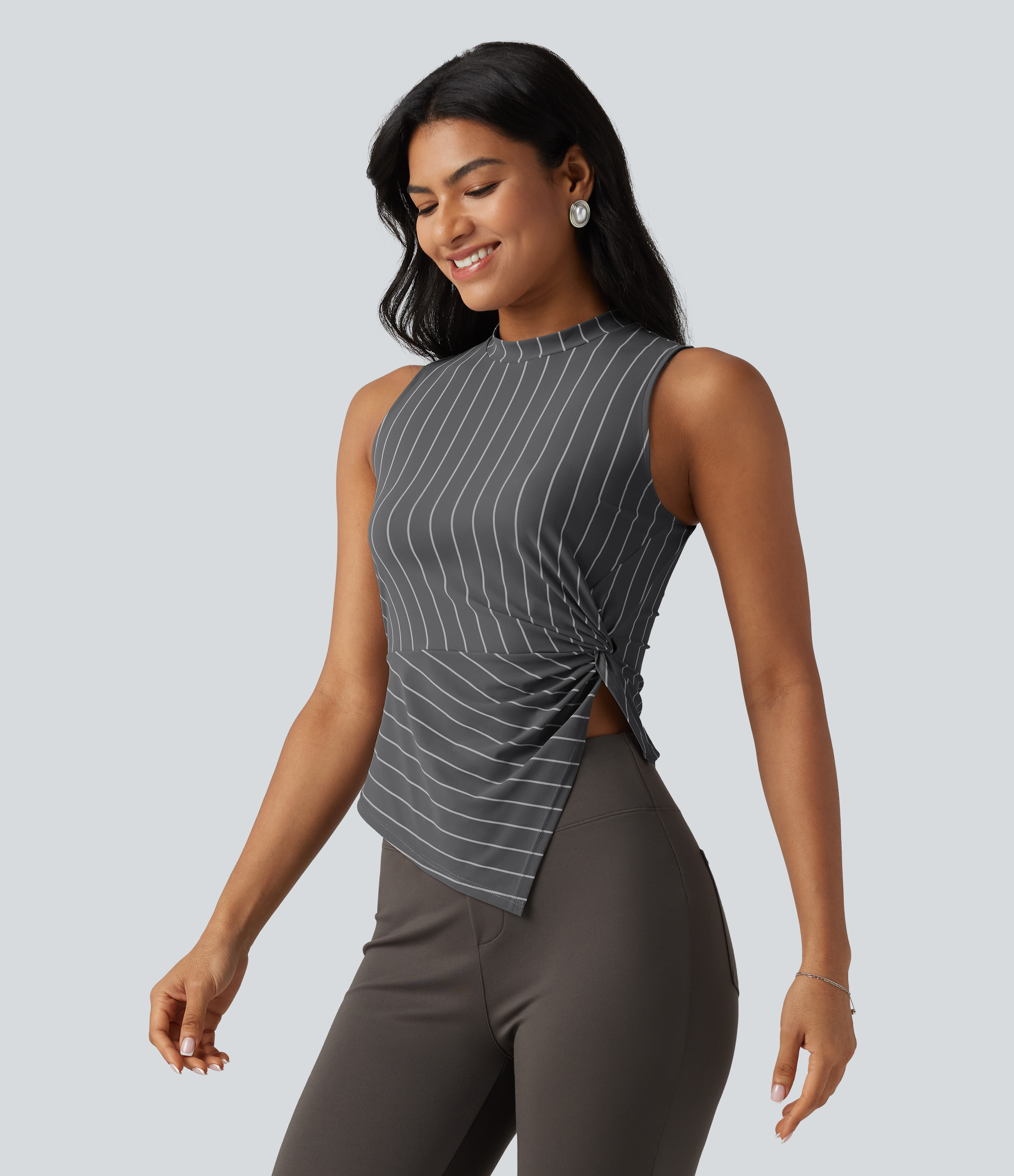 Stand Collar Twisted Asymmetric Hem Stripes Casual Tank Top