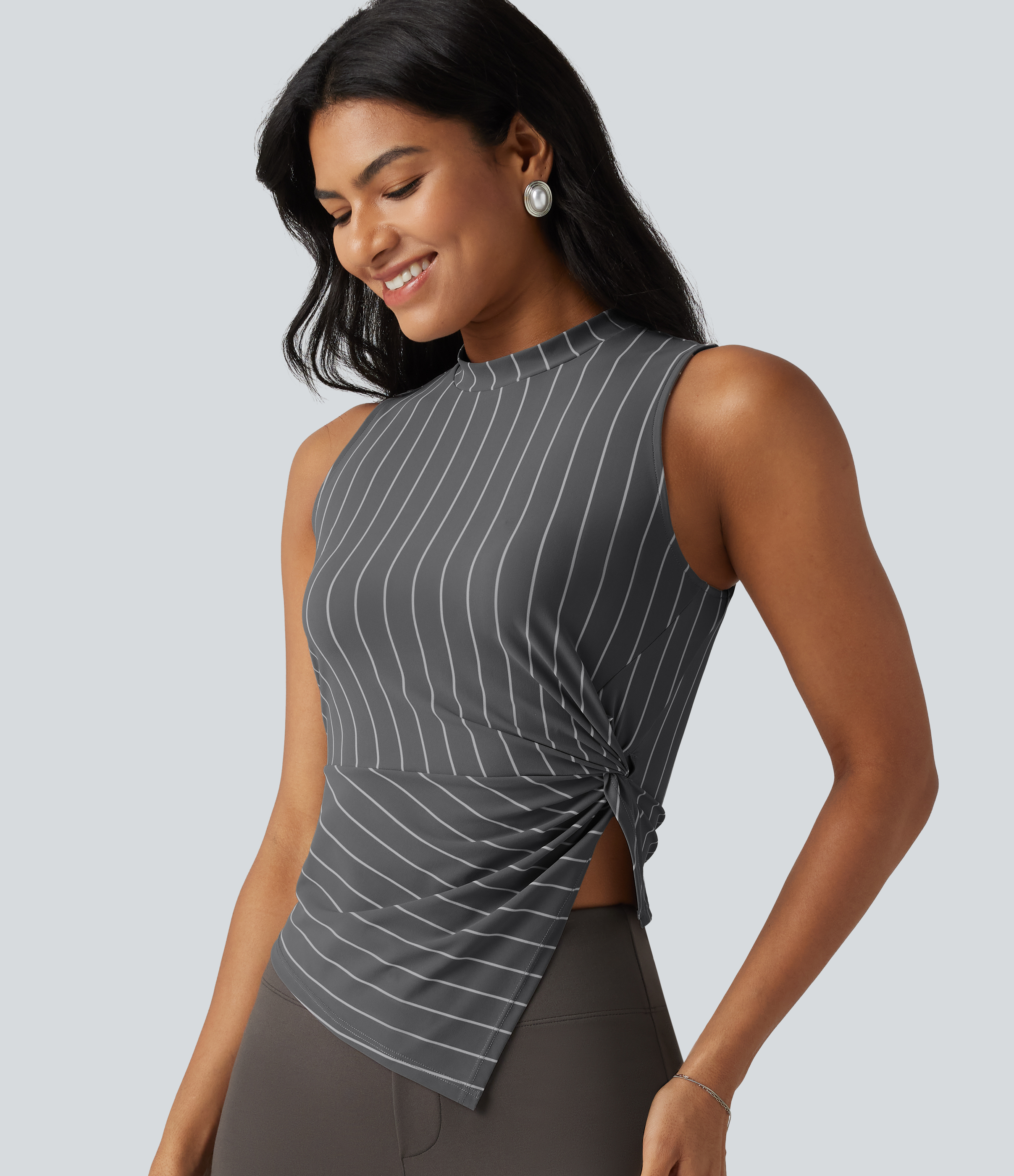 Stand Collar Twisted Asymmetric Hem Stripes Casual Tank Top