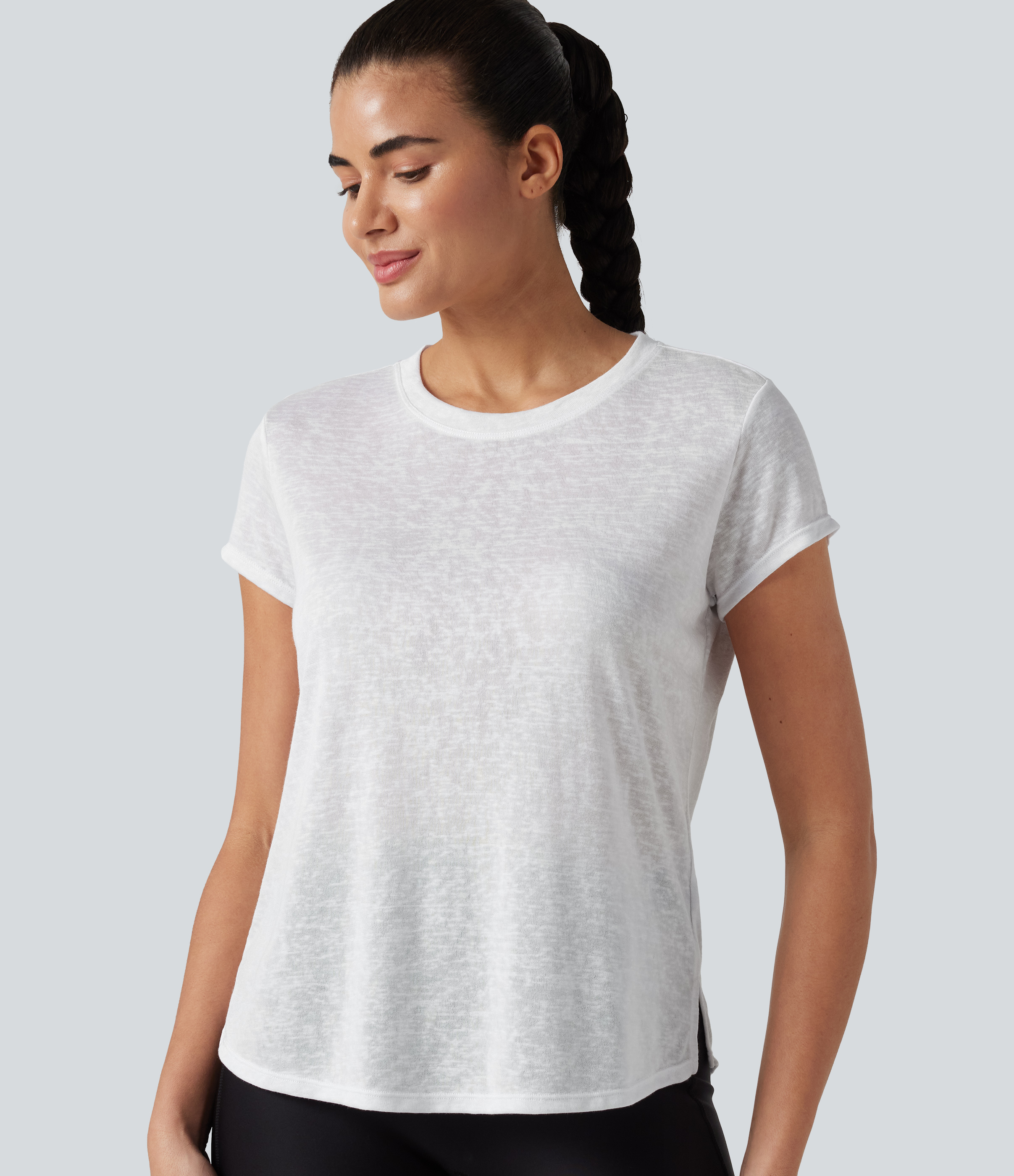Round Neck Short Sleeve Curved Hem Yoga Sports Top