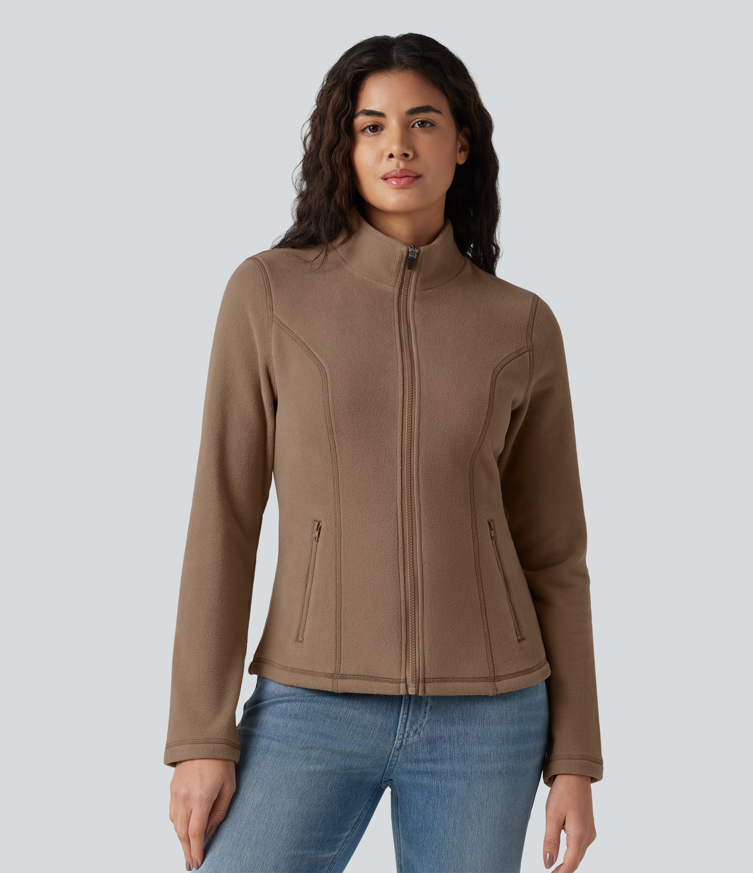 Stand Collar Zip Fly Slim Casual Fleece Jacket with Pockets