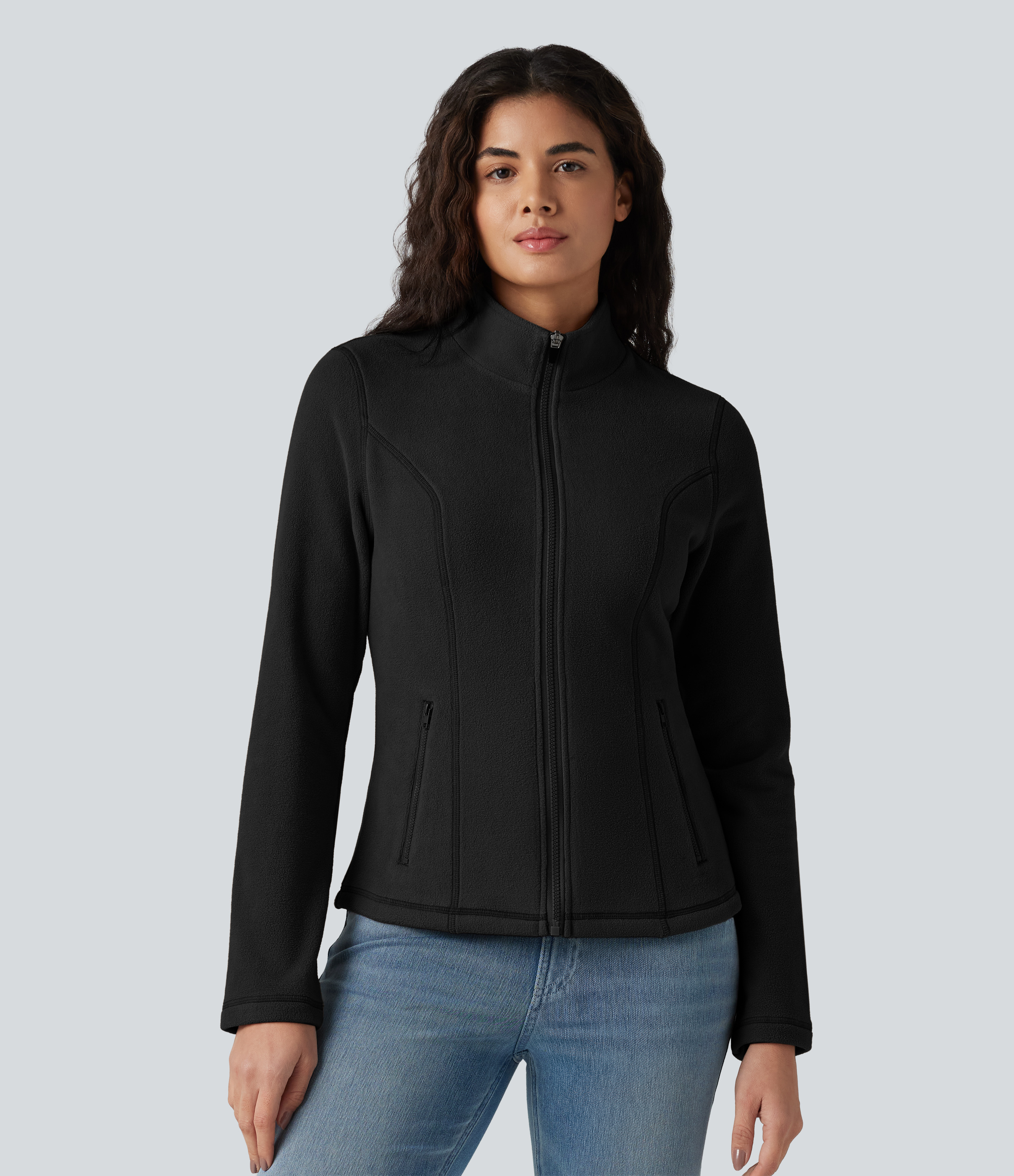 Stand Collar Zip Fly Slim Casual Fleece Jacket with Pockets