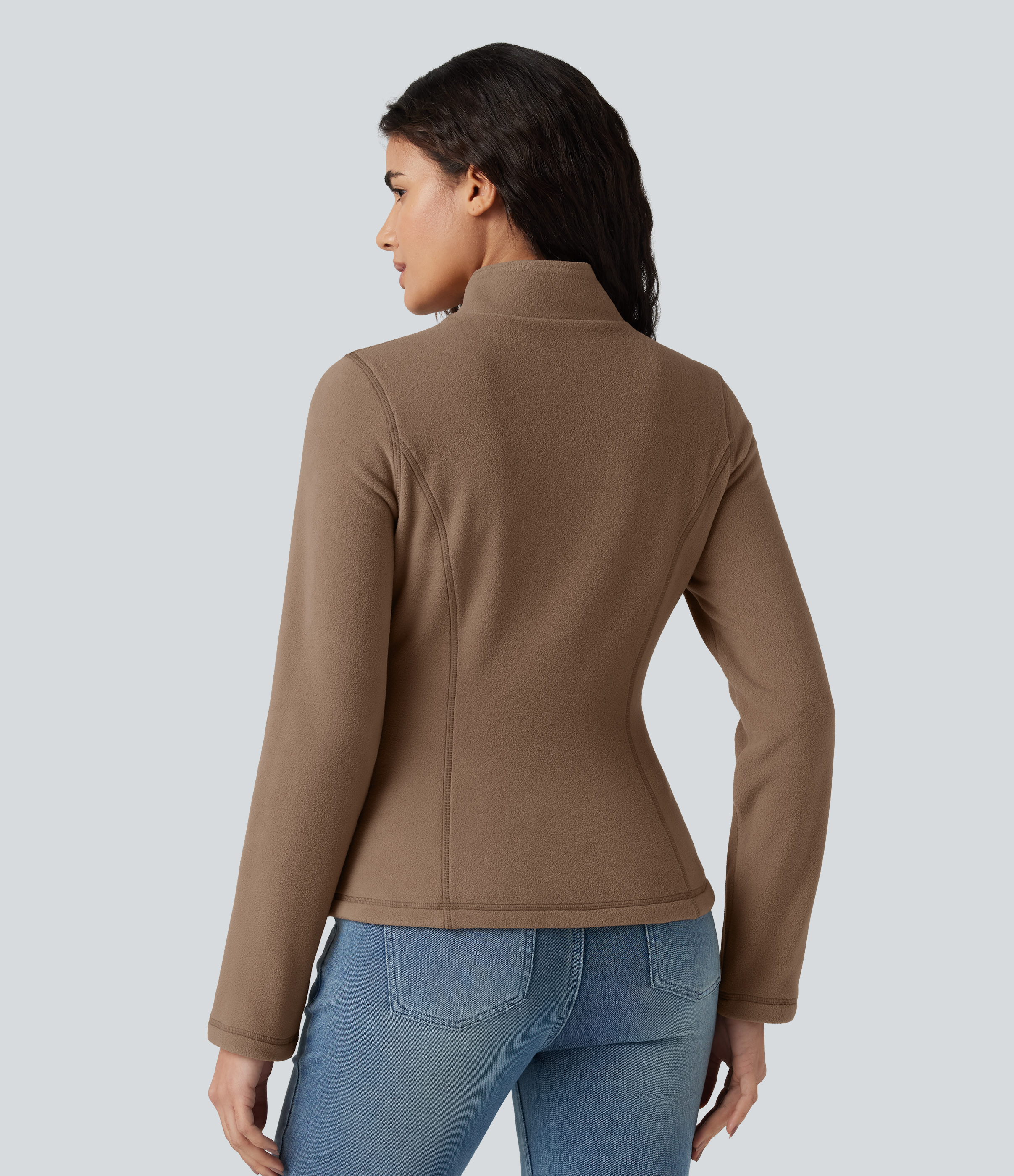 Coca Mocha Stand Collar Zip Fly Slim Casual Fleece Jacket with Pockets / 2