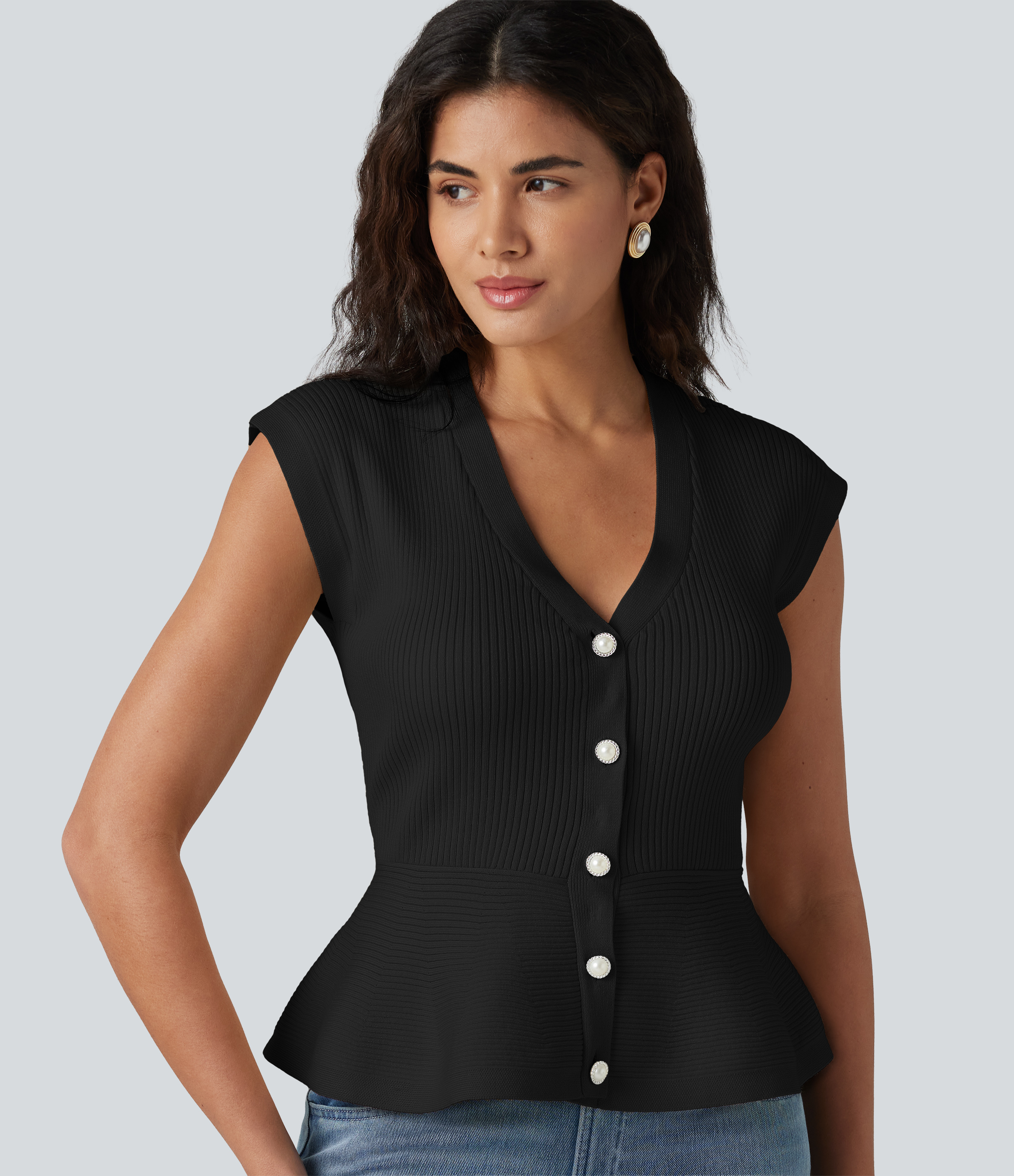 Cárdigan peplum sin mangas con escote en V de trabajo
