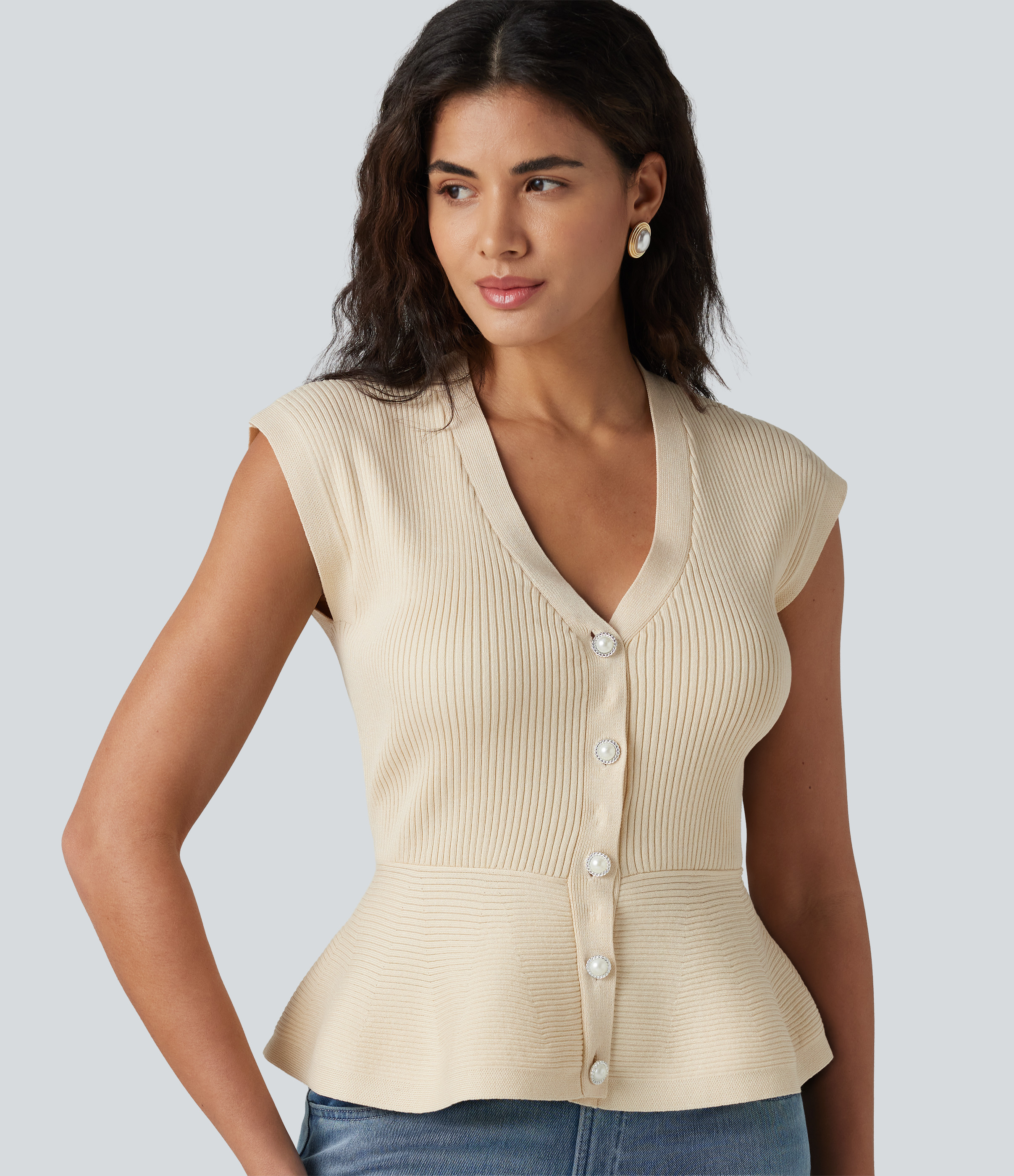 V-neck Sleeveless Work Peplum Cardigan