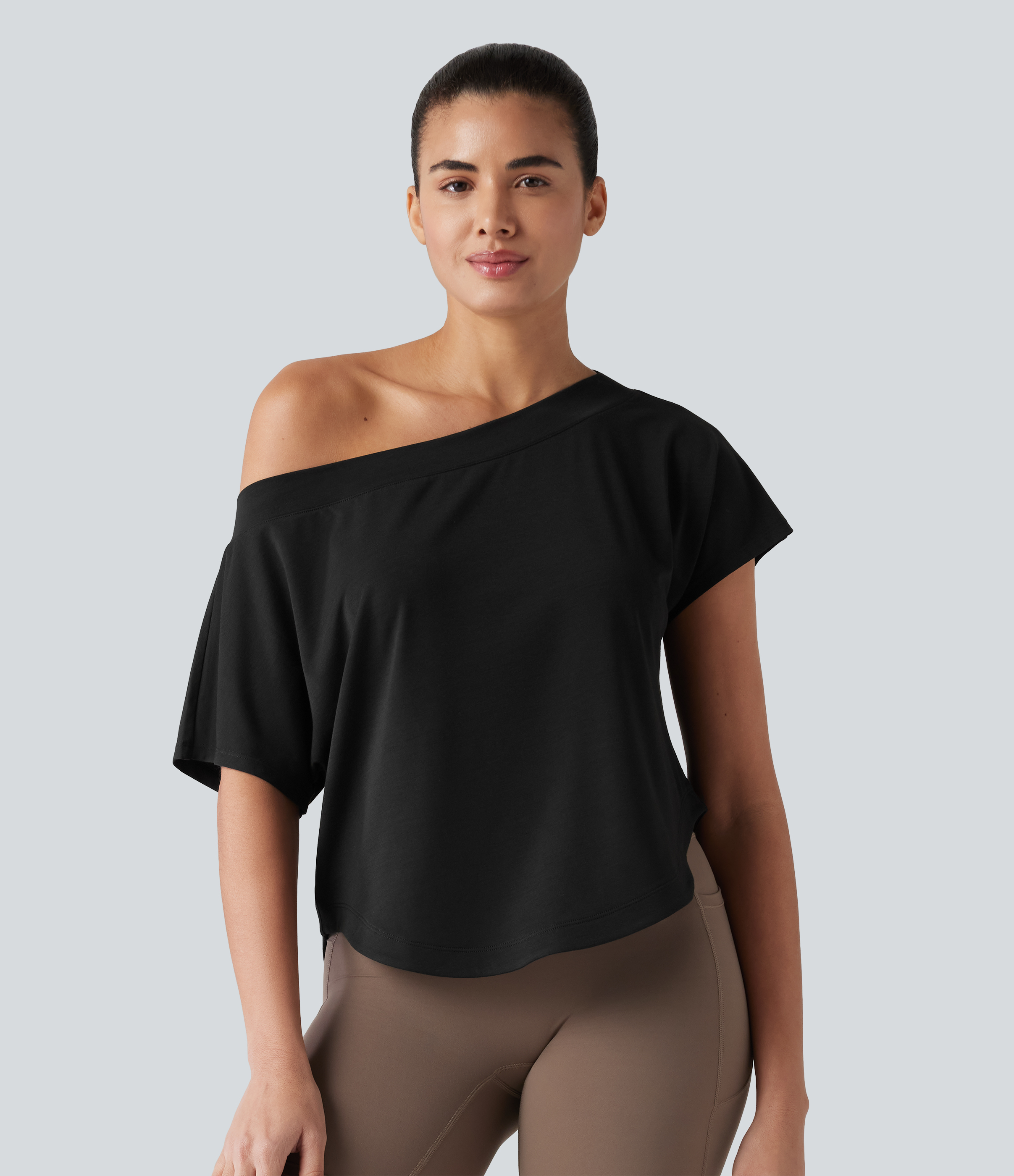 One Shoulder Short Sleeve Curved Hem High Low Quick Dry Yoga Sports Top
