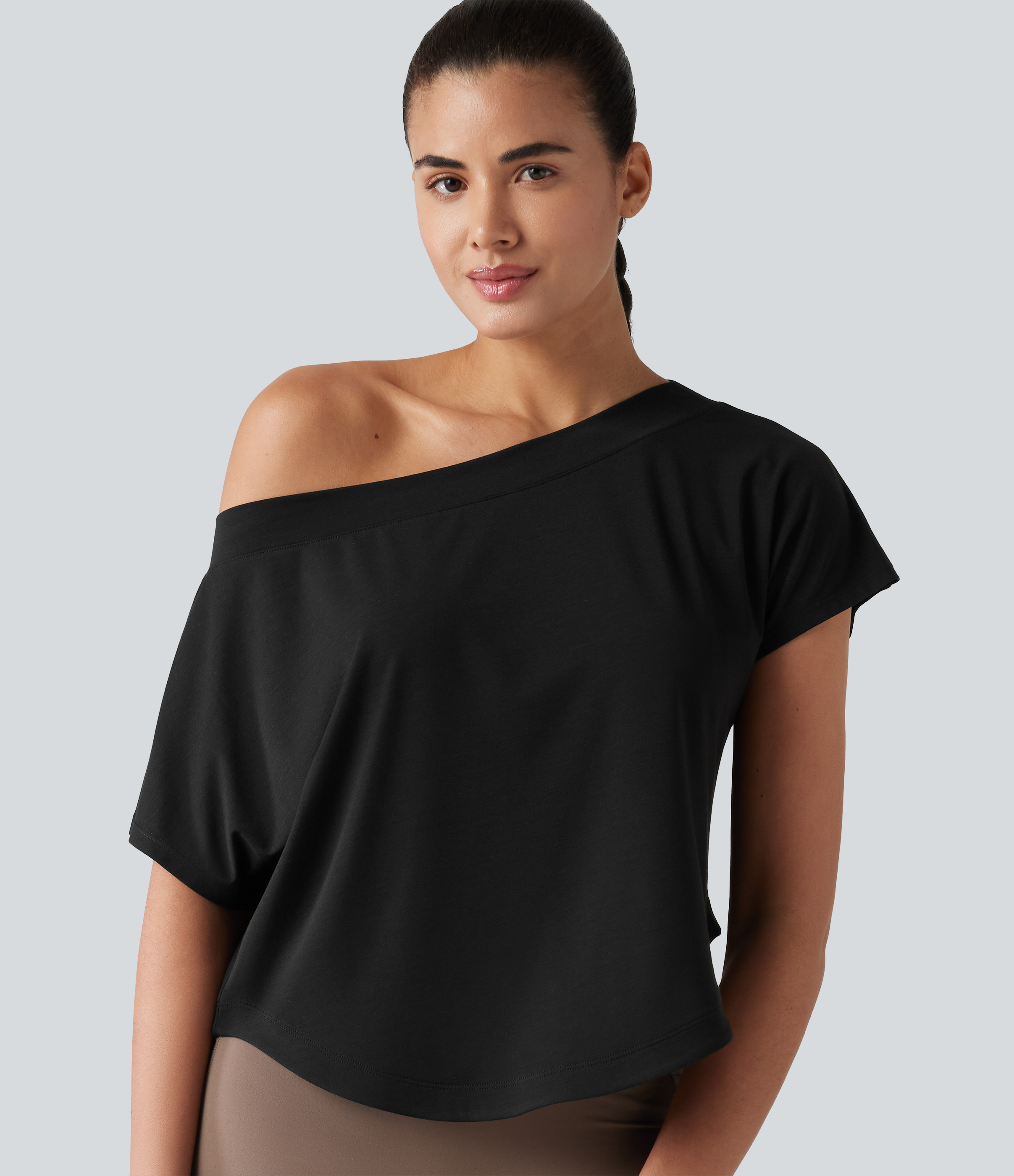 One Shoulder Short Sleeve Curved Hem High Low Quick Dry Yoga Sports Top