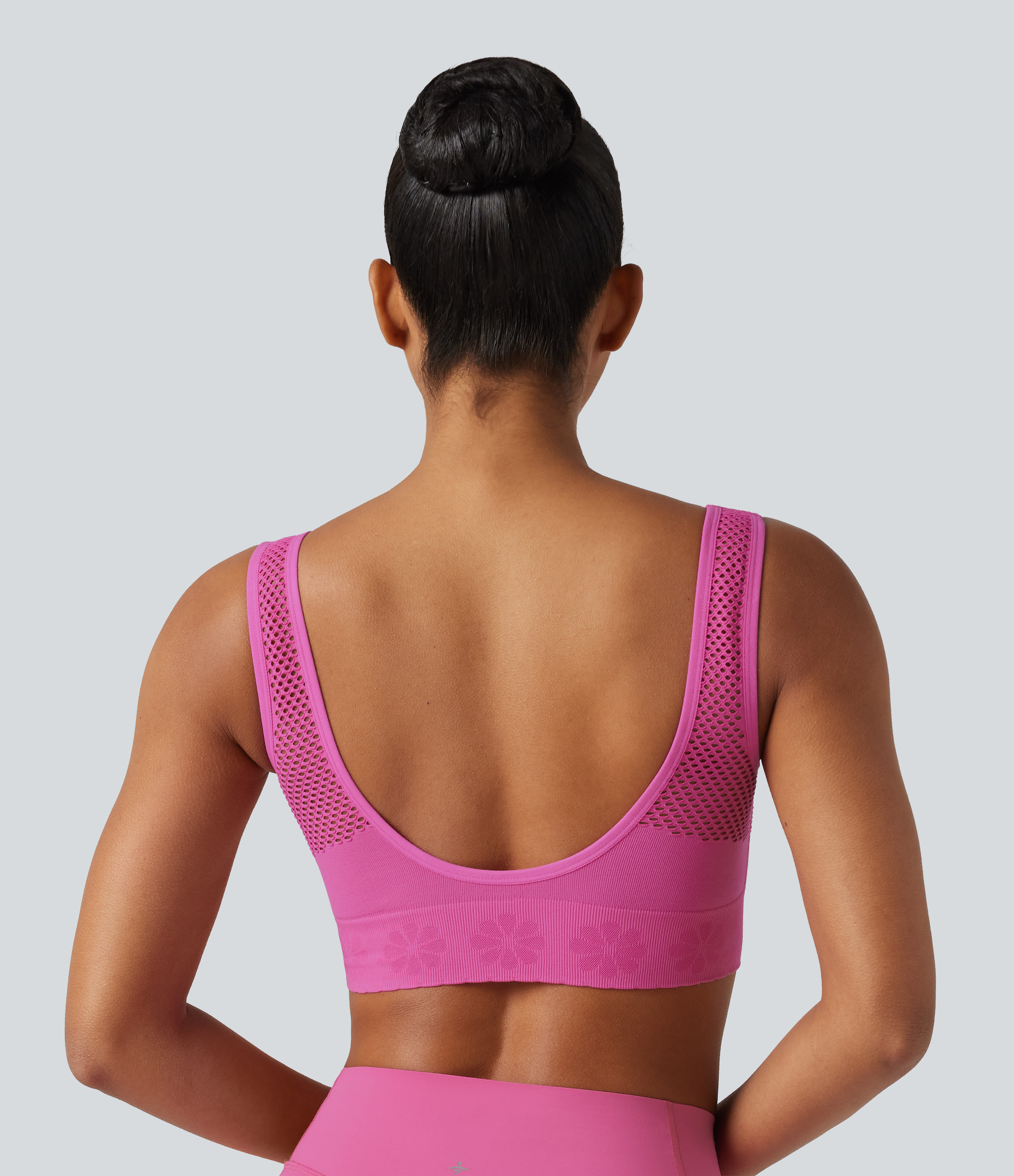 Fuchsia Fedora OneForm Seamless Flow Low Support V Neck Built-in Bra Yoga Sports Bra / 2