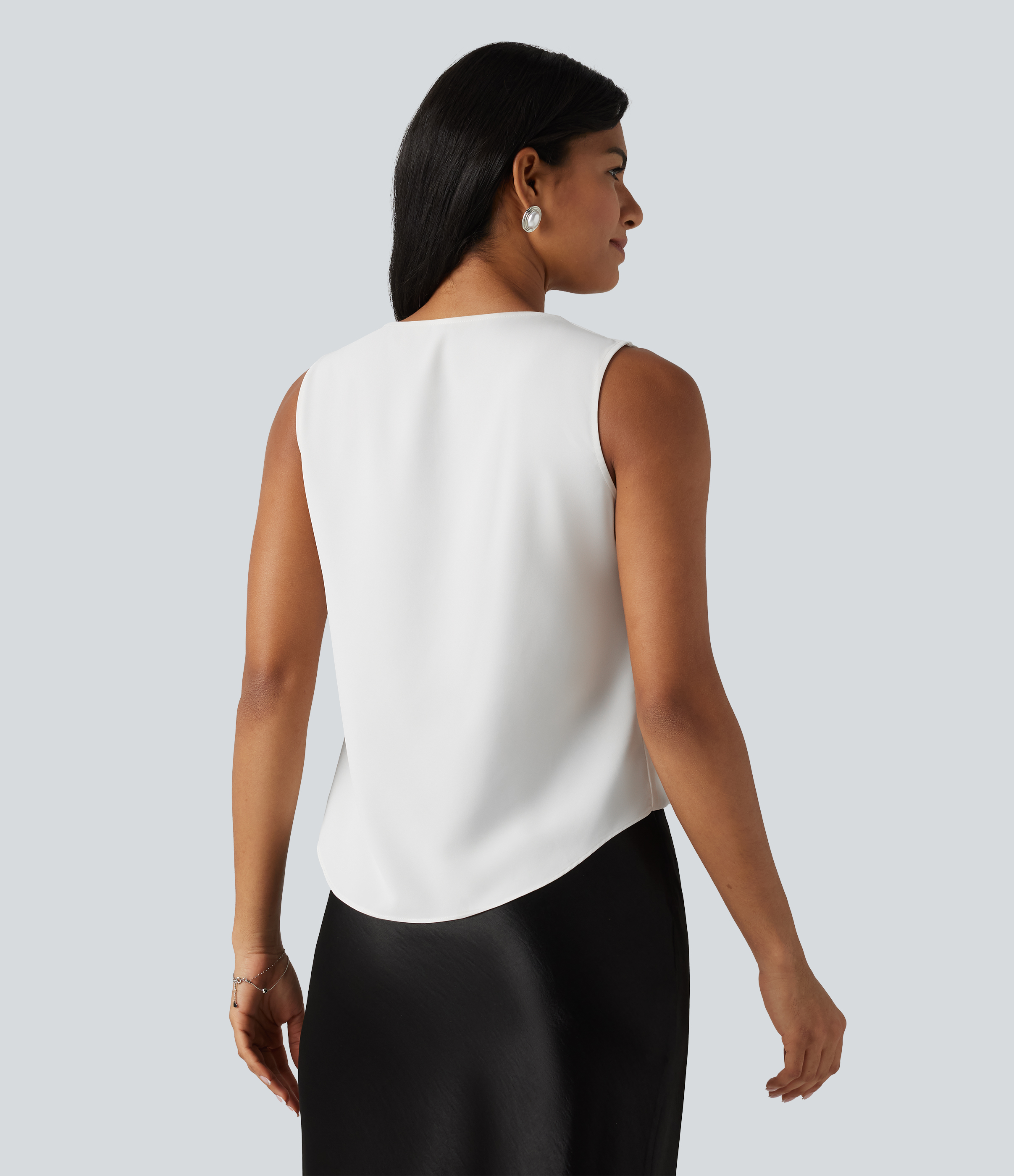 White Wrinkle Recovery V Neck Contrast Lace Ruched Sleeveless Work Blouse / 2