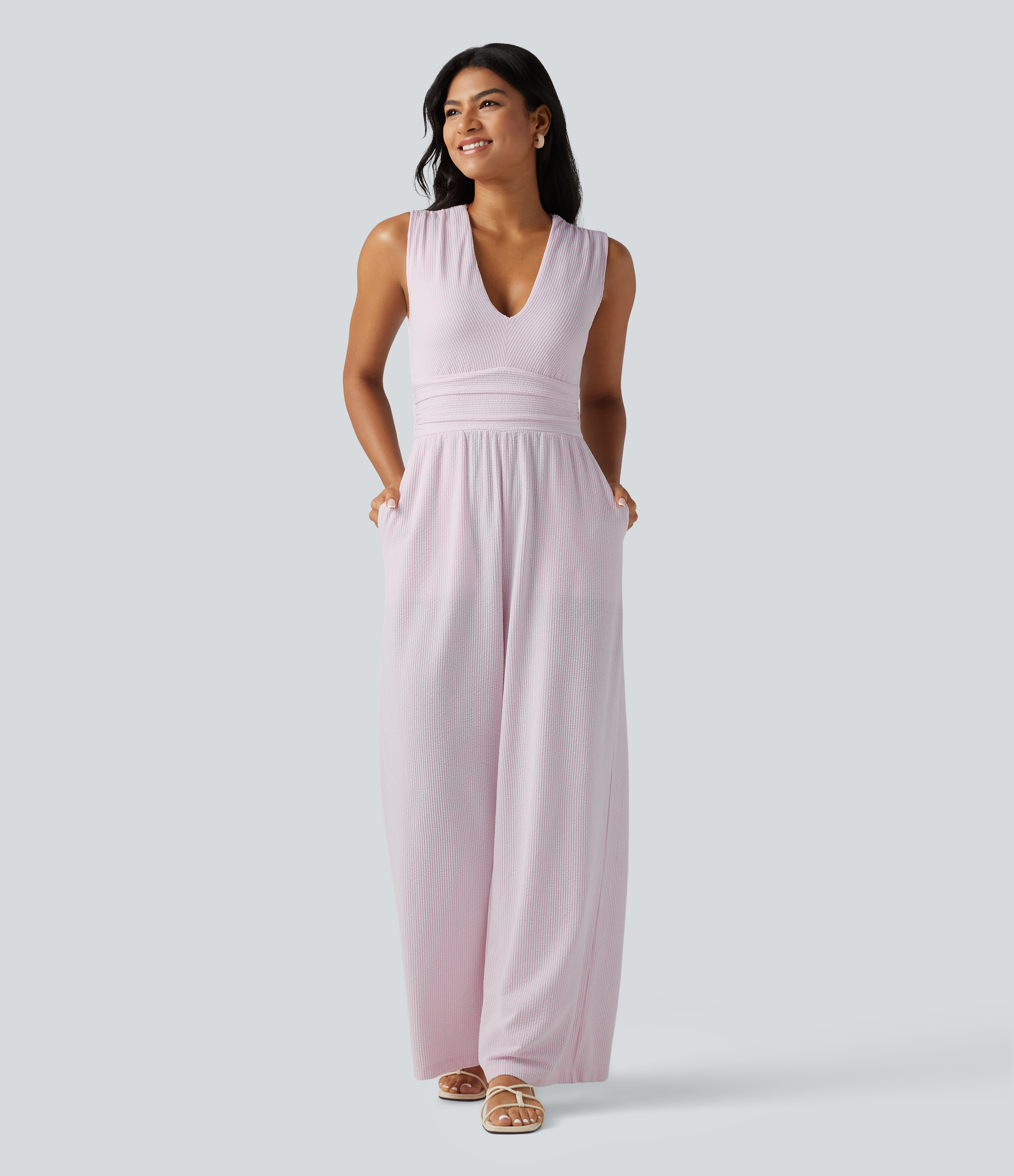 V Neck Sleeveless Built-in Bra Stripe Casual Jumpsuit with Pockets-Easy Peezy Edition