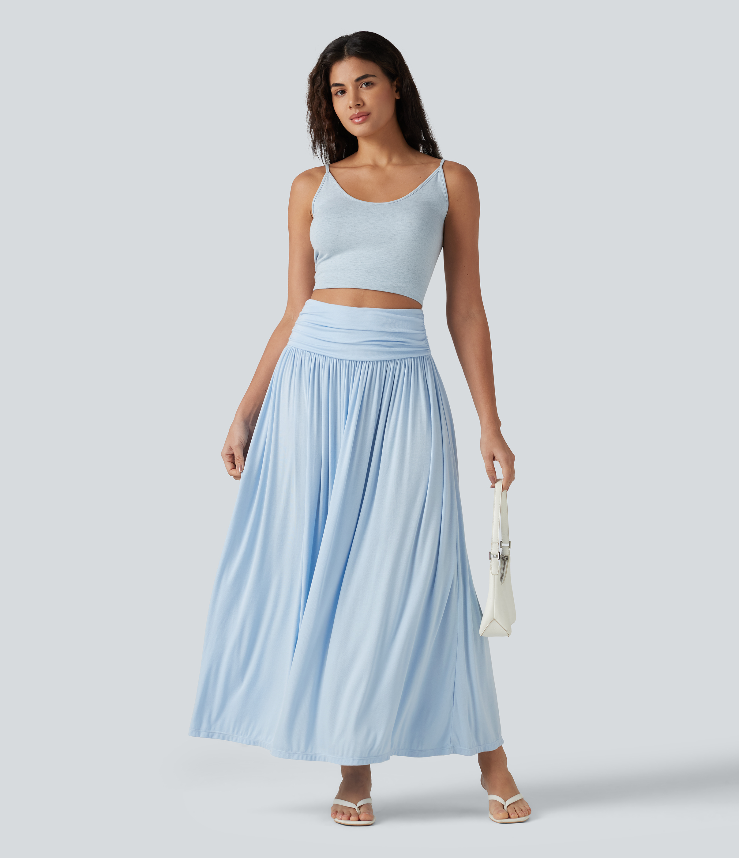 High Waisted Ruched Flowy Maxi Casual Skirt