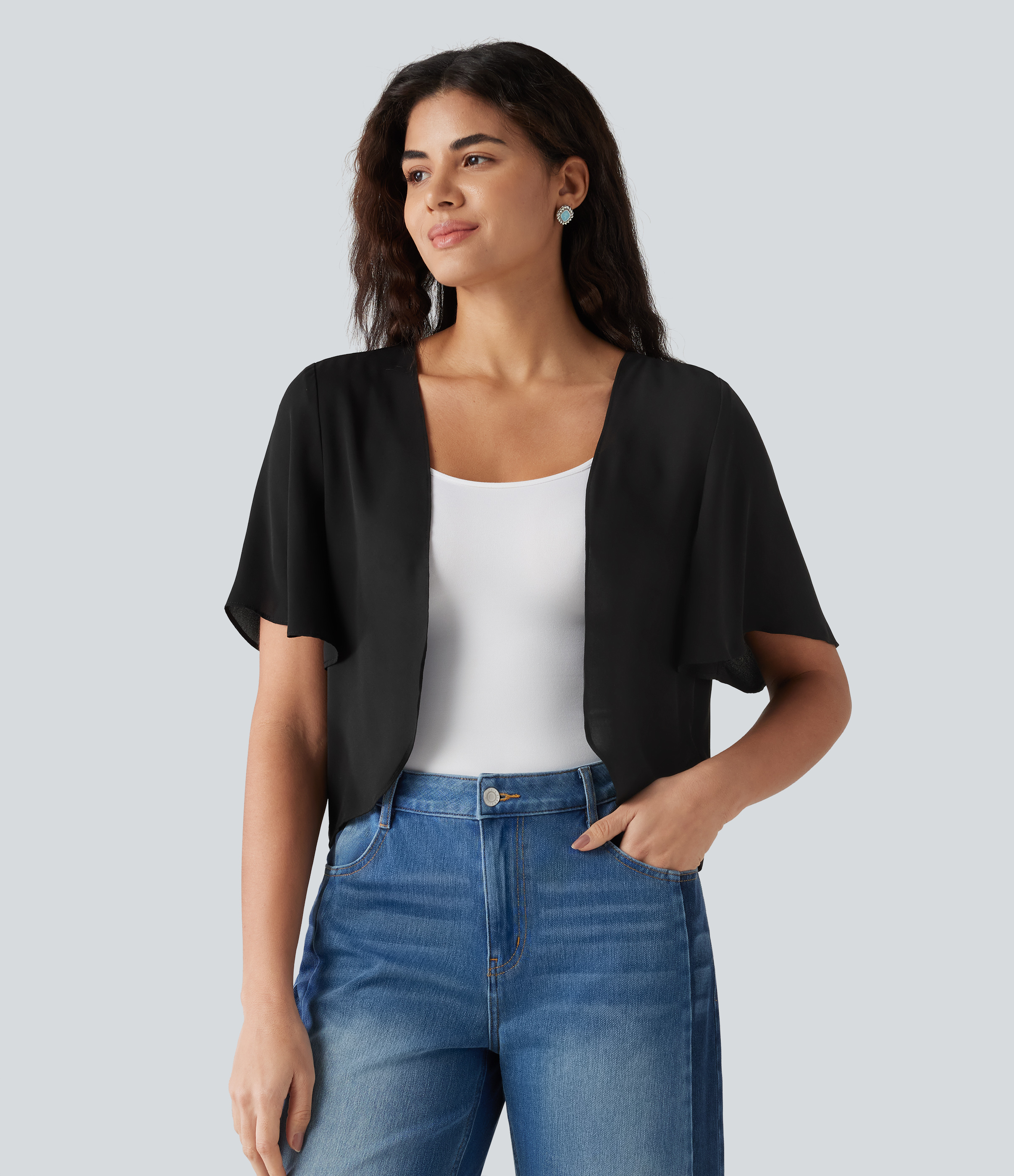 Flounce Short Sleeve Casual Chiffon Coat