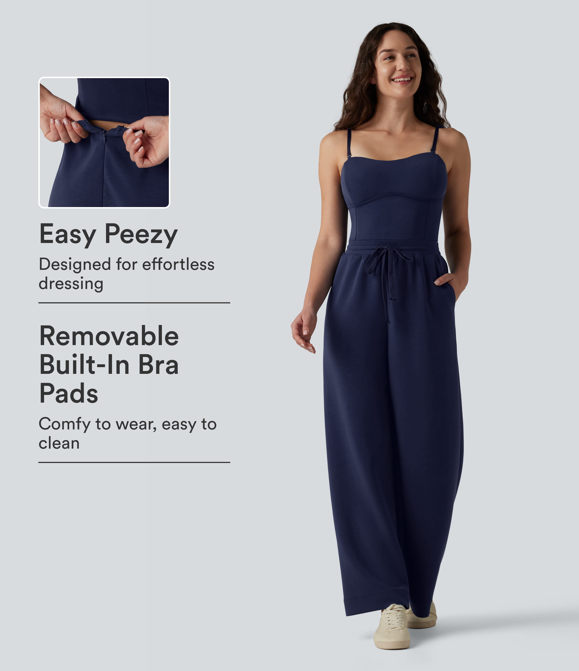 Combinaison Easy Peasy SpacerTek™ décontractée à bretelles amovibles, cordon de serrage, soutien-gorge intégré et poches