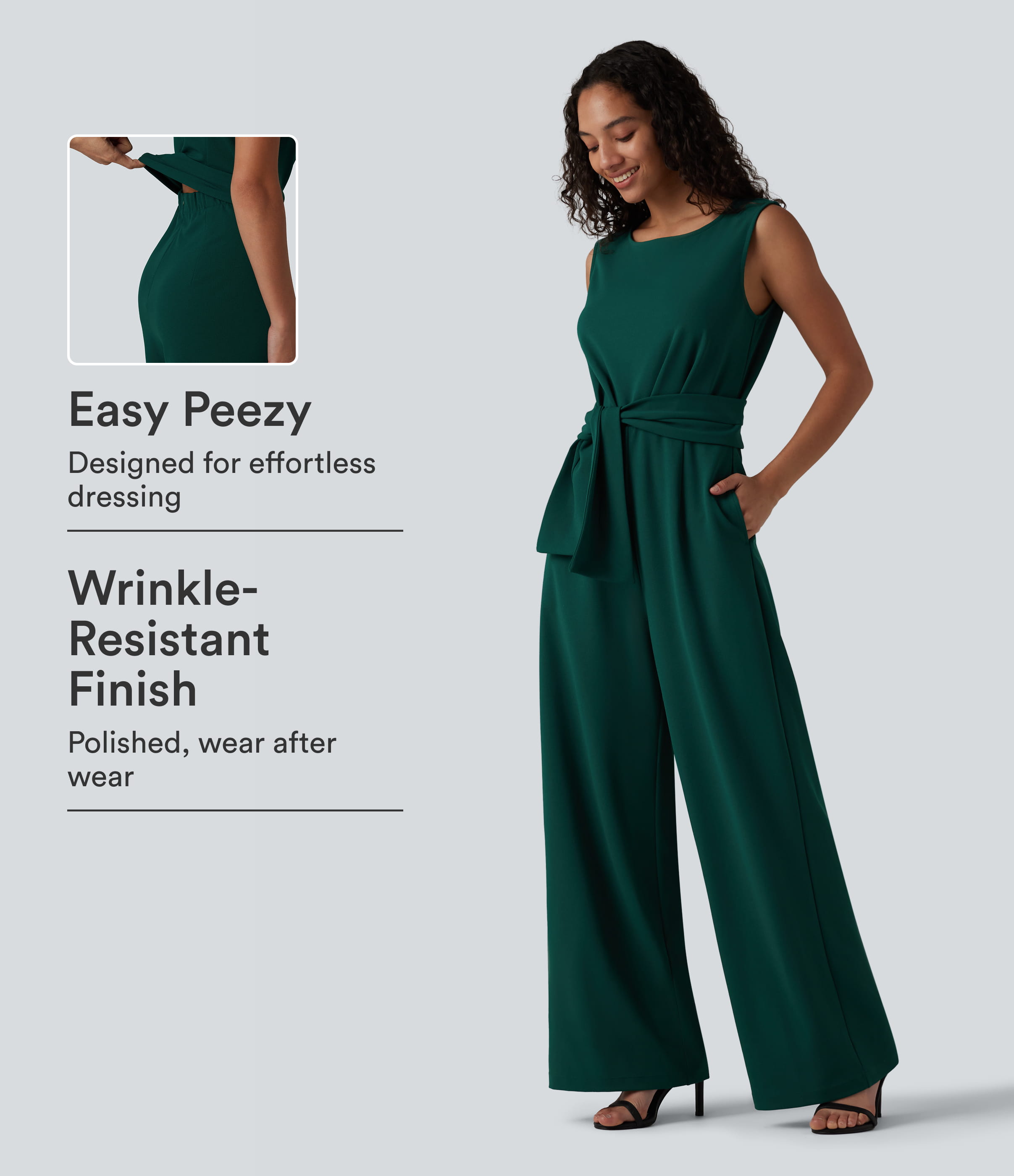 Wrinkle-resistant Boat Neck Sleeveless Tie-side Work Jumpsuit with Pockets-Easy Peezy