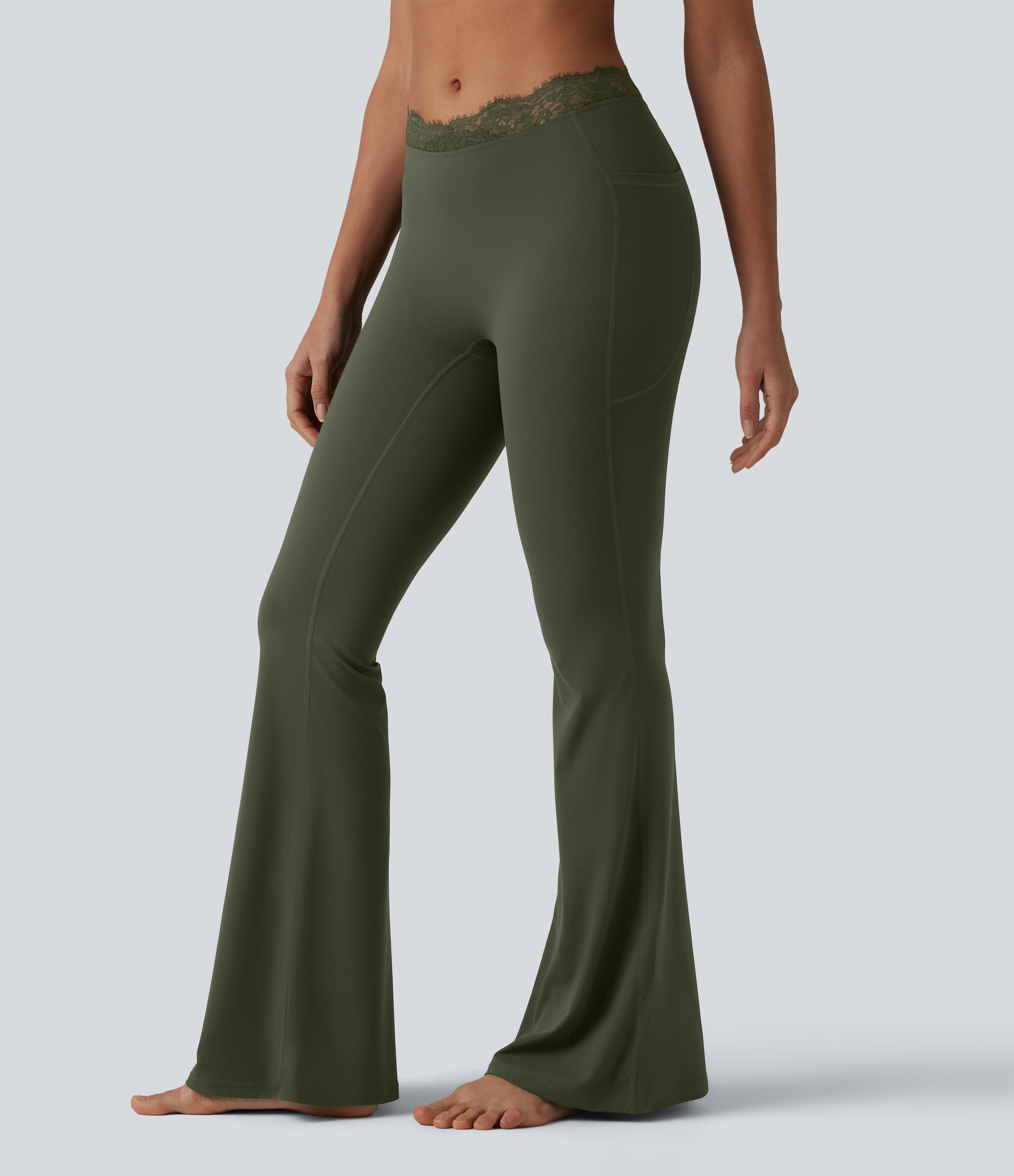 Halara UltraSculpt™ V-Shaped High Waisted Contrast Lace Yoga Flare Leggings with Pockets