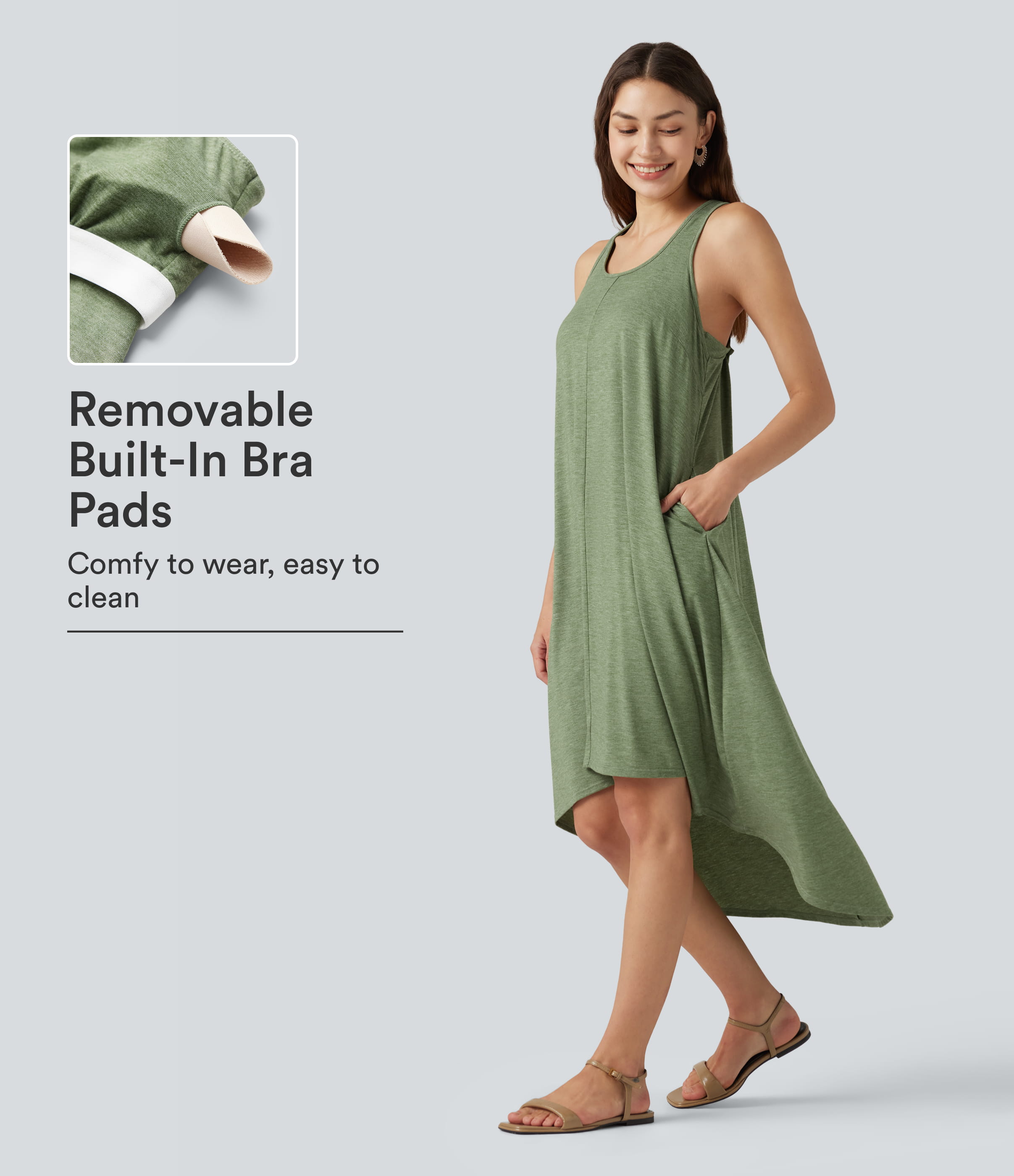 Racerback Built-in Bra High Low Flowy Midi Dress with Pockets