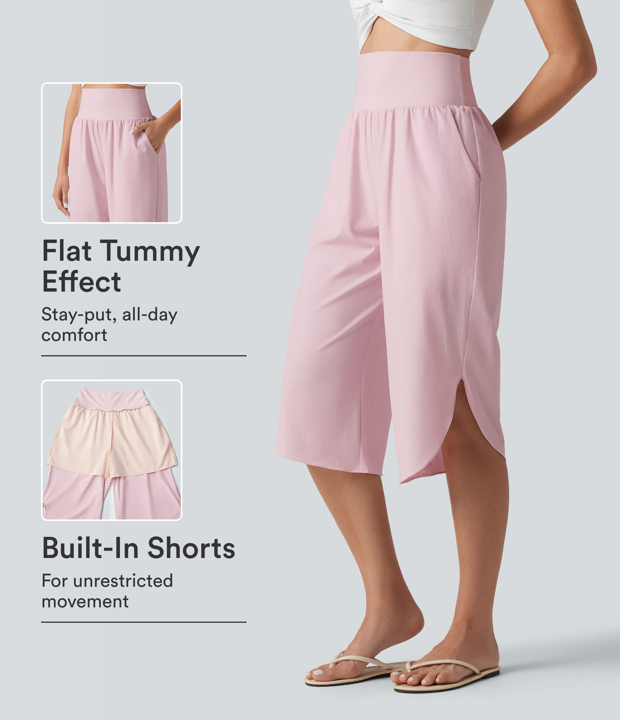 Breezeful™ High Waisted Tummy Control Curved Hem Quick Dry Capri Pants with Pockets