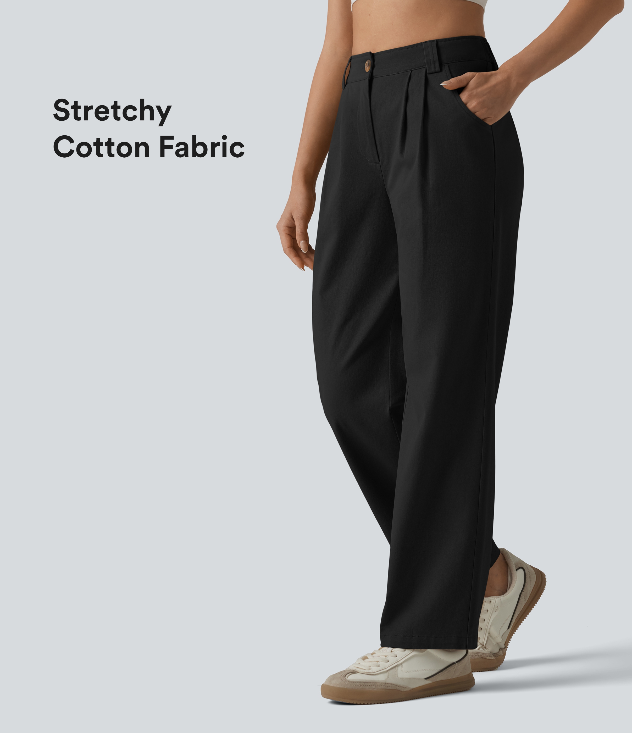 Lässige, plissierte Chino-Hose aus Baumwolle mit hohem Bund, Seitentaschen und geradem Bund