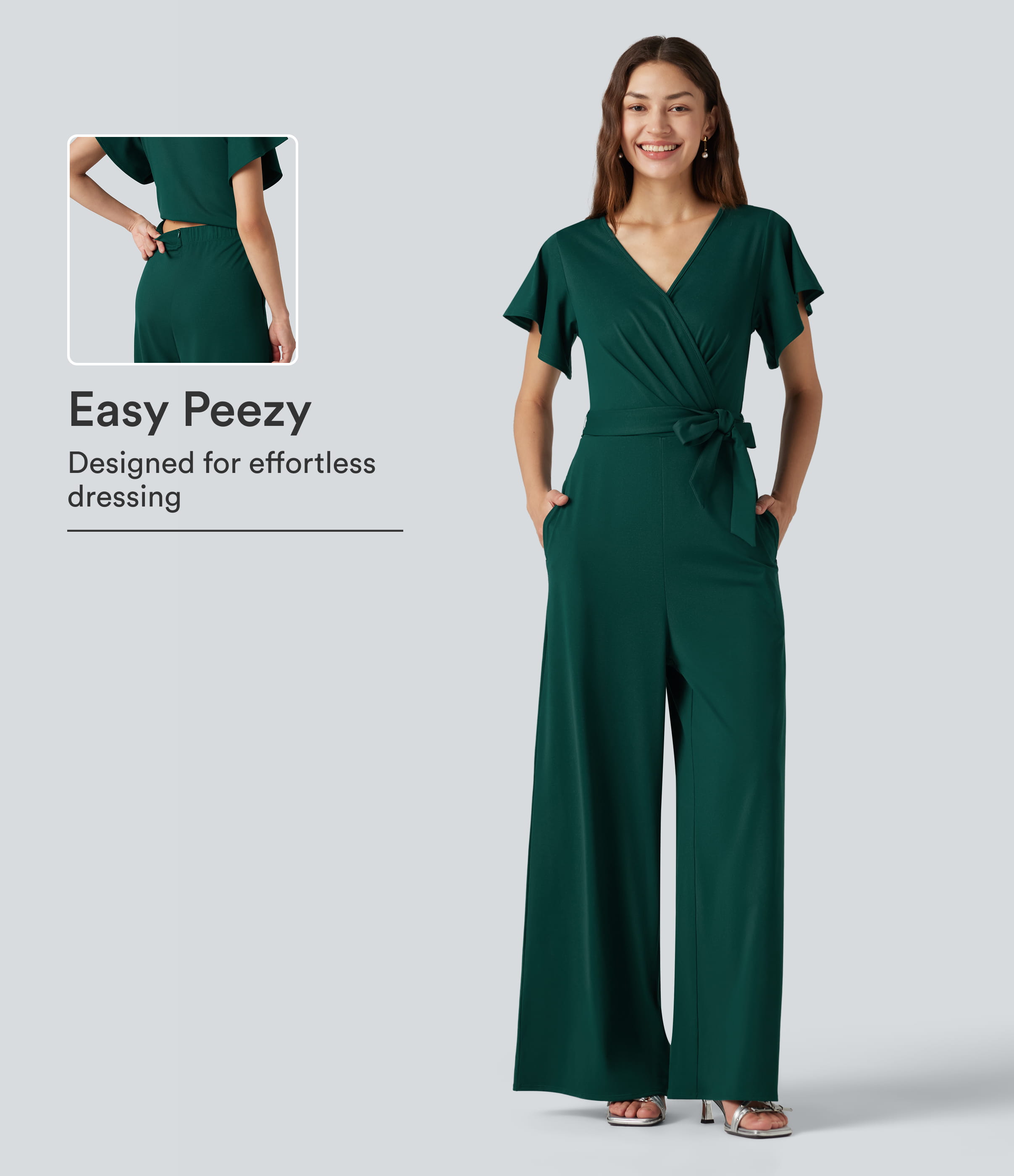 V Neck Short Sleeve Tie Side Baggy Casual Jumpsuit with Pockets-Easy Peezy Edition