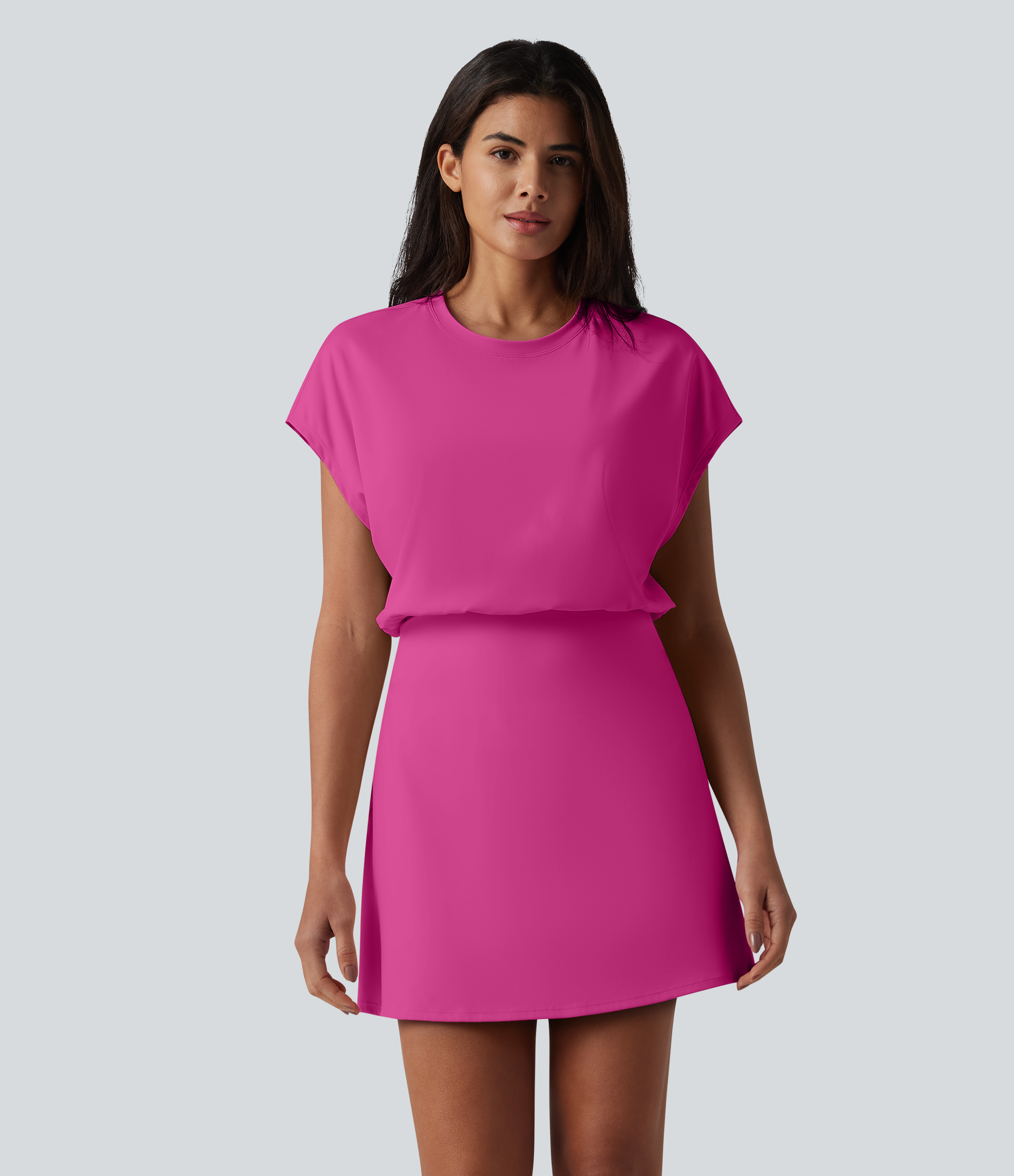 SoftlyZero™ Airy Round Neck Short Sleeve 2-in-1 InstantCool Mini Yoga Active Dress with Pockets-Easy Peezy Edition