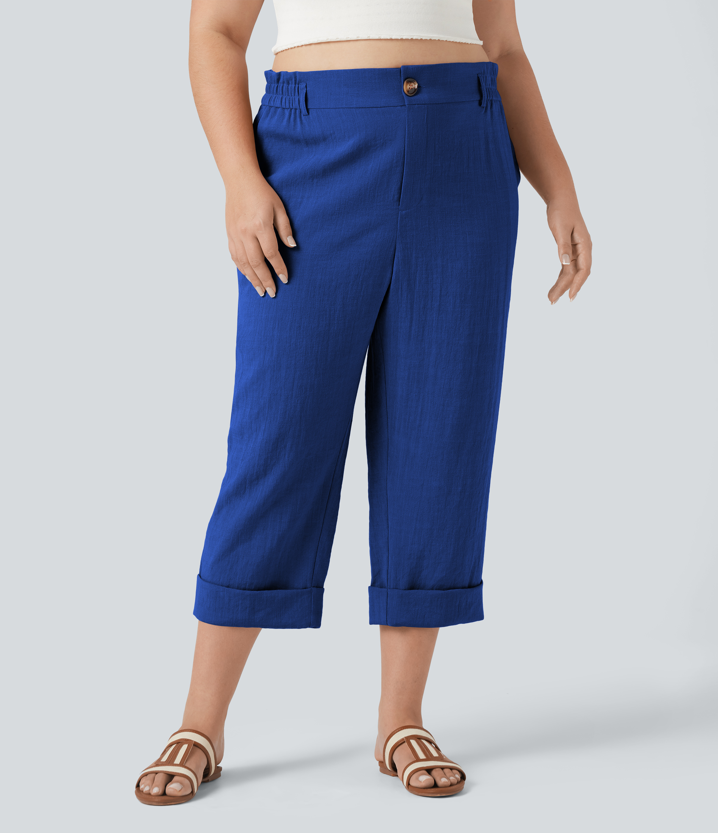 Pantalones capri de talle alto con efecto lino para tallas grandes, con bolsillos