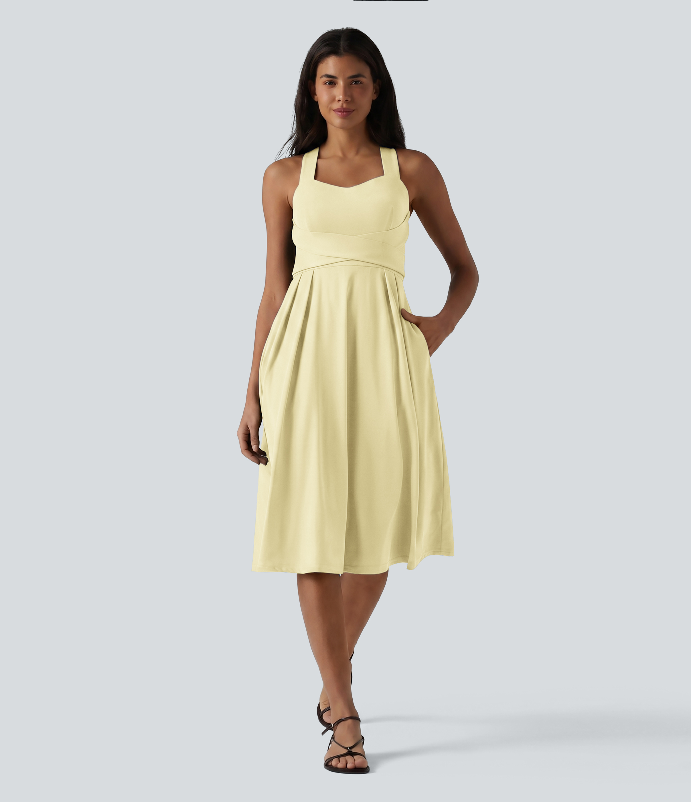 Sweetheart Neck Sleeveless Crisscross Tie-back Midi Casual Flowy Dress with Pockets